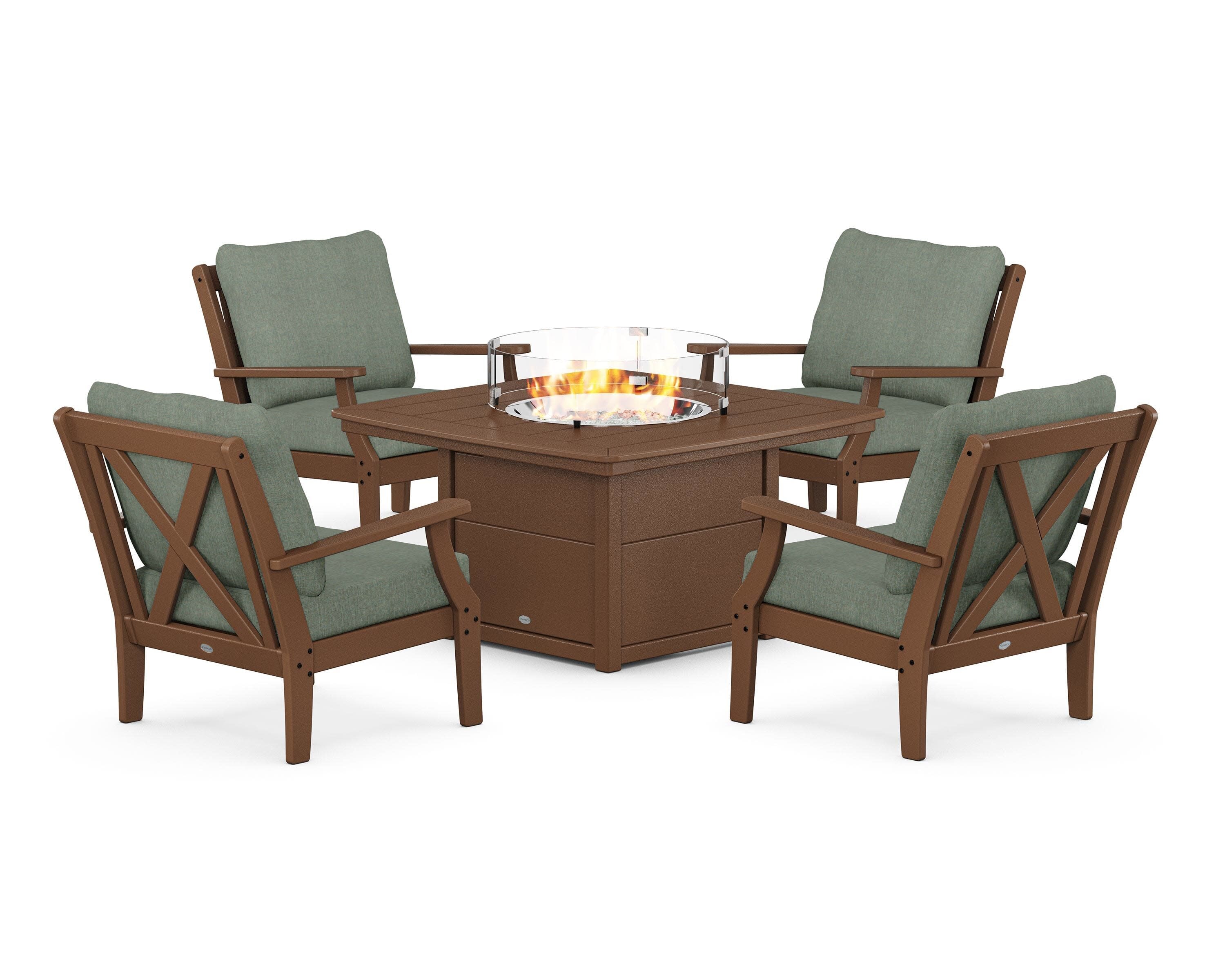 Braxton 5-Piece Deep Seating Conversation Set with Fire Pit Table in Teak / Cast Sage