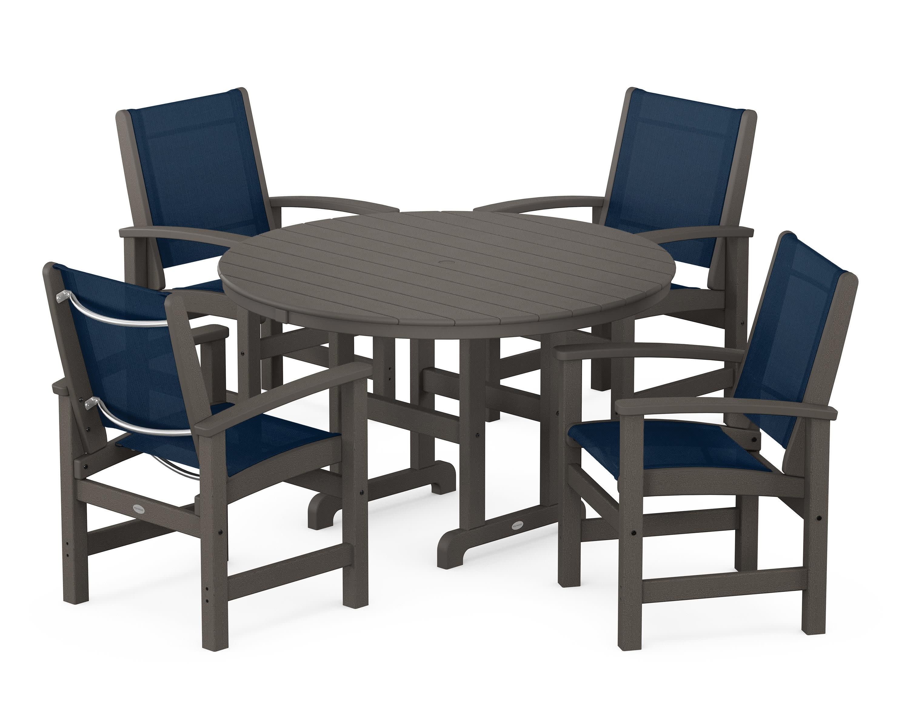 Coastal 5-Piece Round Farmhouse Dining Set in Vintage Coffee / Navy Blue Sling