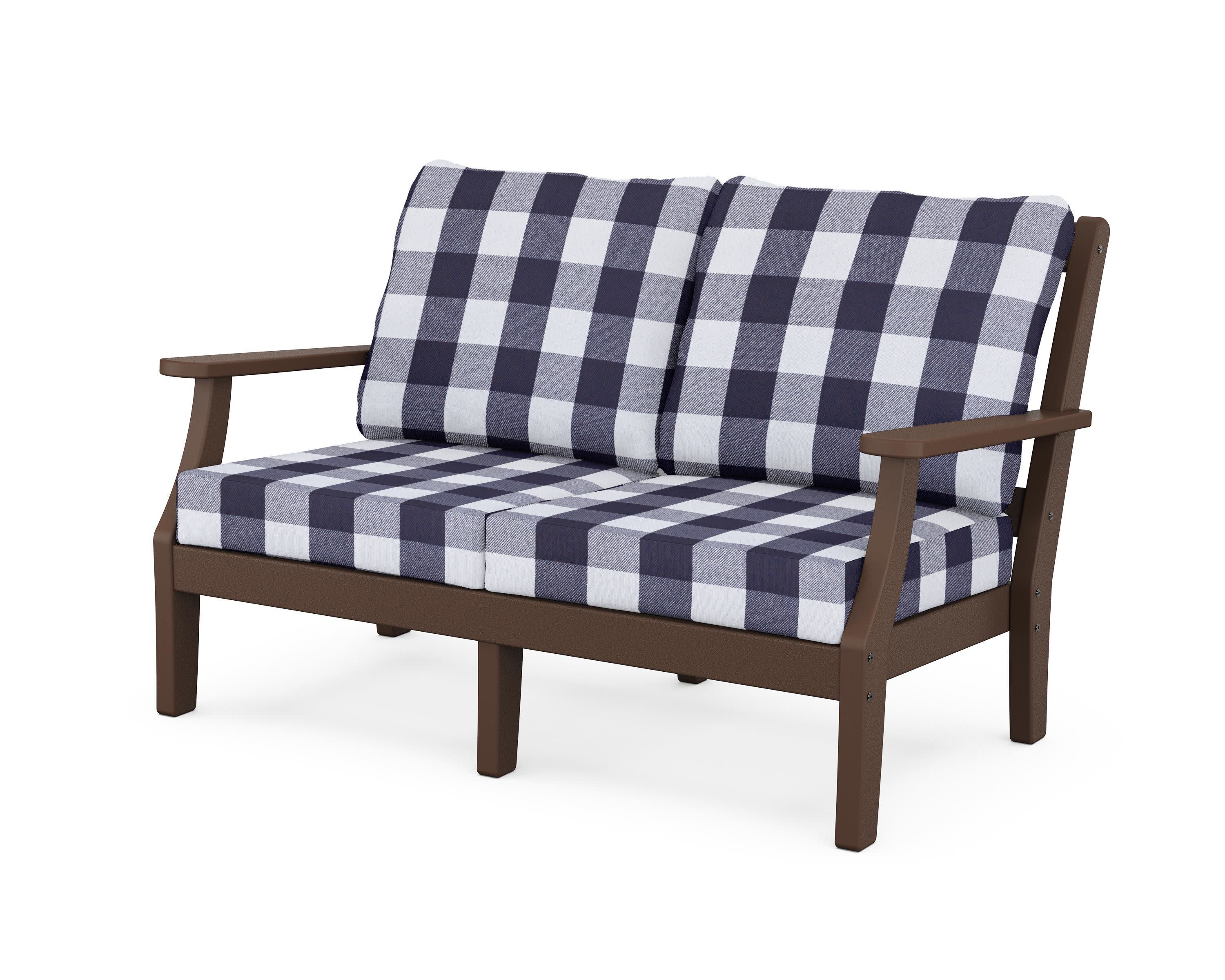 Chinoiserie Deep Seating Loveseat in Mahogany / Buffalo Plaid Navy