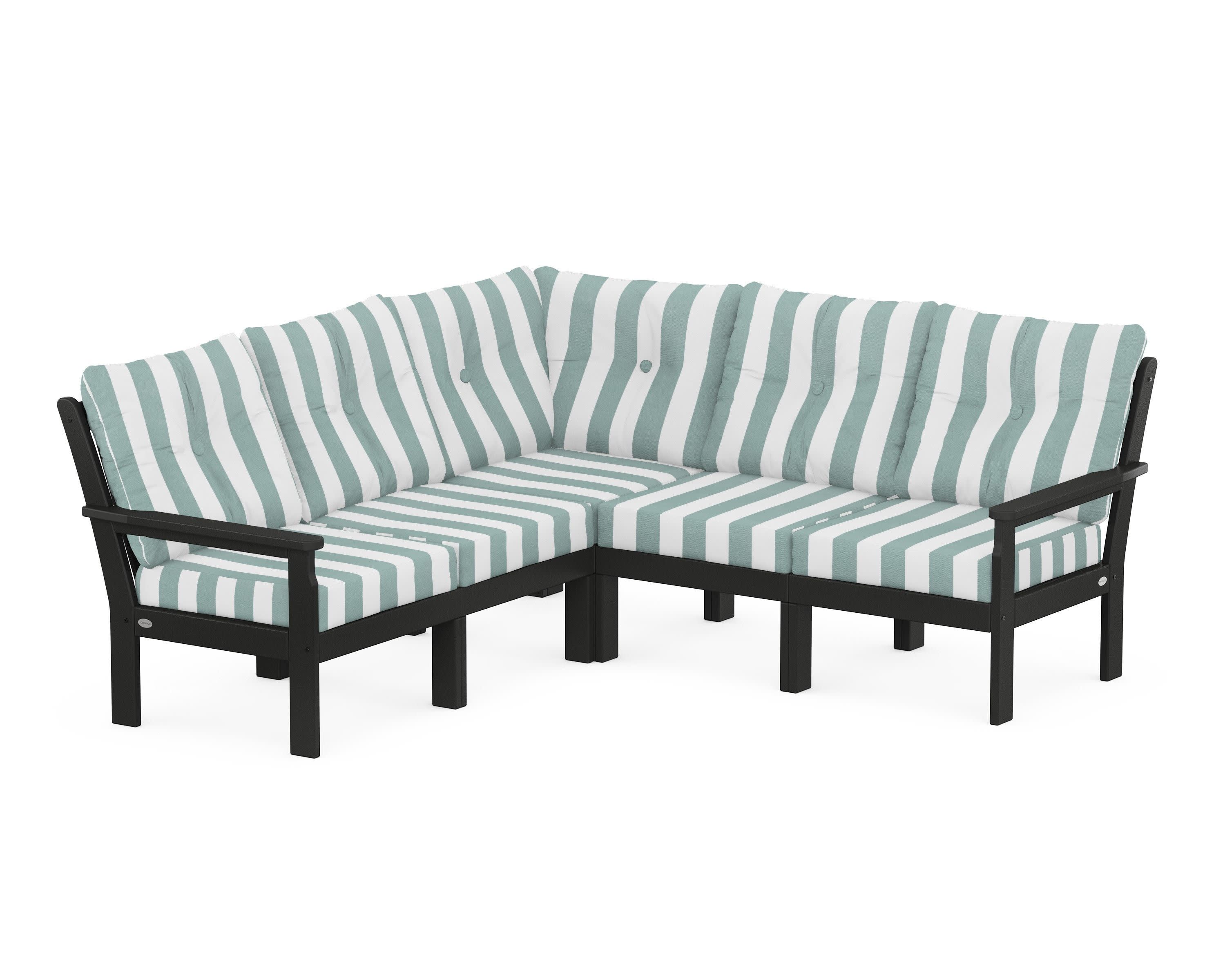 Vineyard 5-Piece Sectional in Black / Cabana Stripe Glacier Spa
