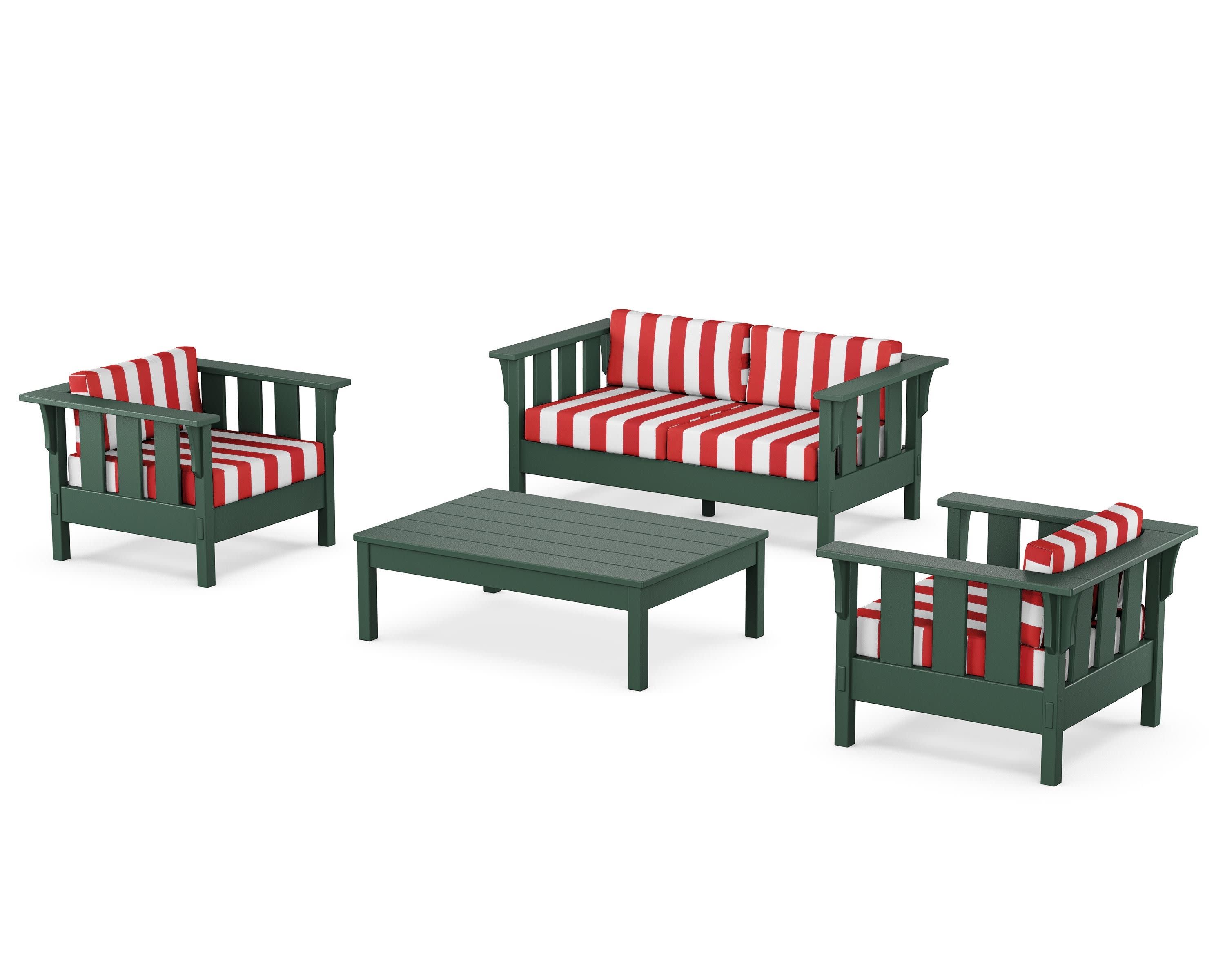 Acadia 4-Piece Deep Seating Set with Loveseat in Green / Cabana Stripe Crimson