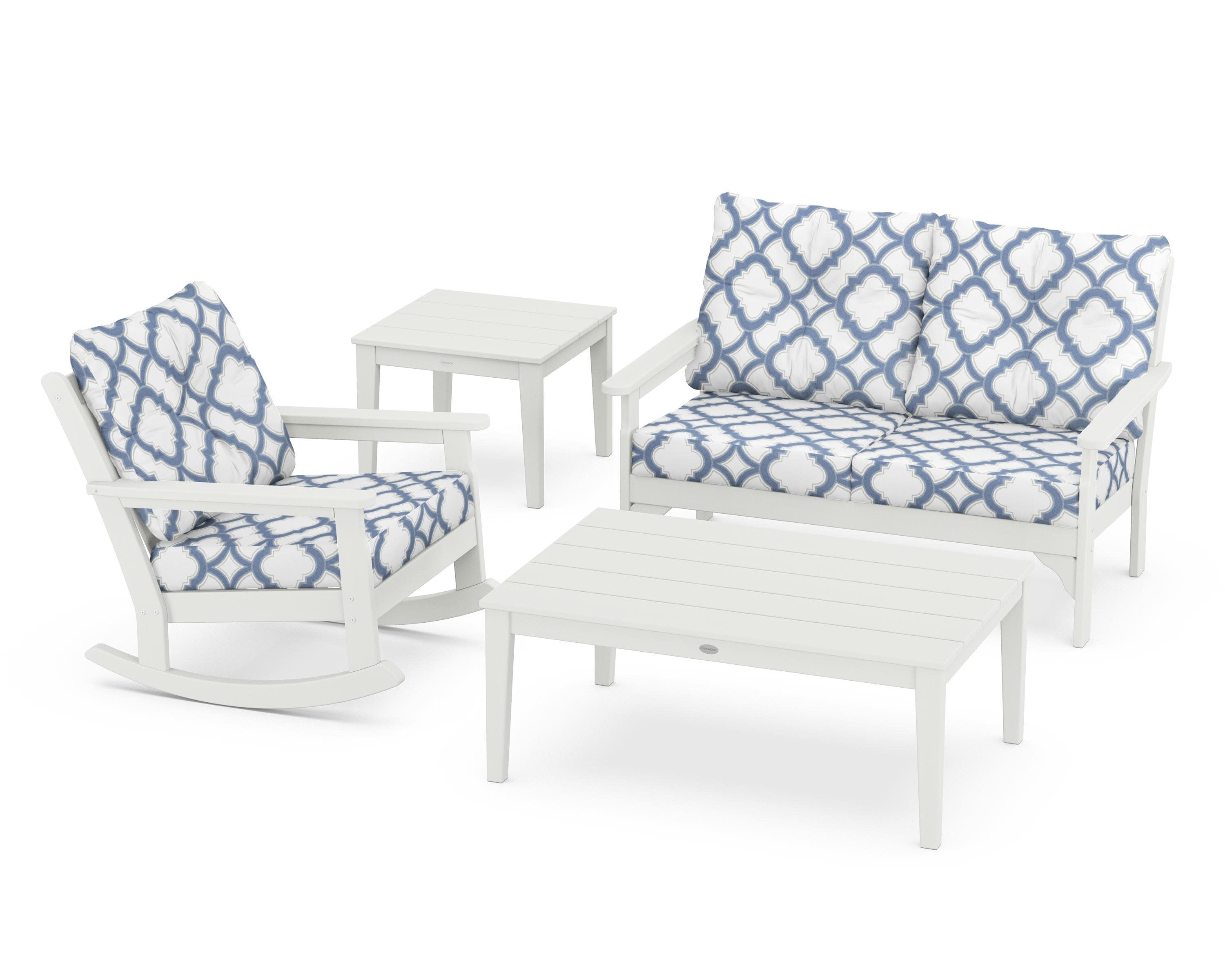 Vineyard 4-Piece Deep Seating Rocker Set in Vintage White / Trellis Sky Blue