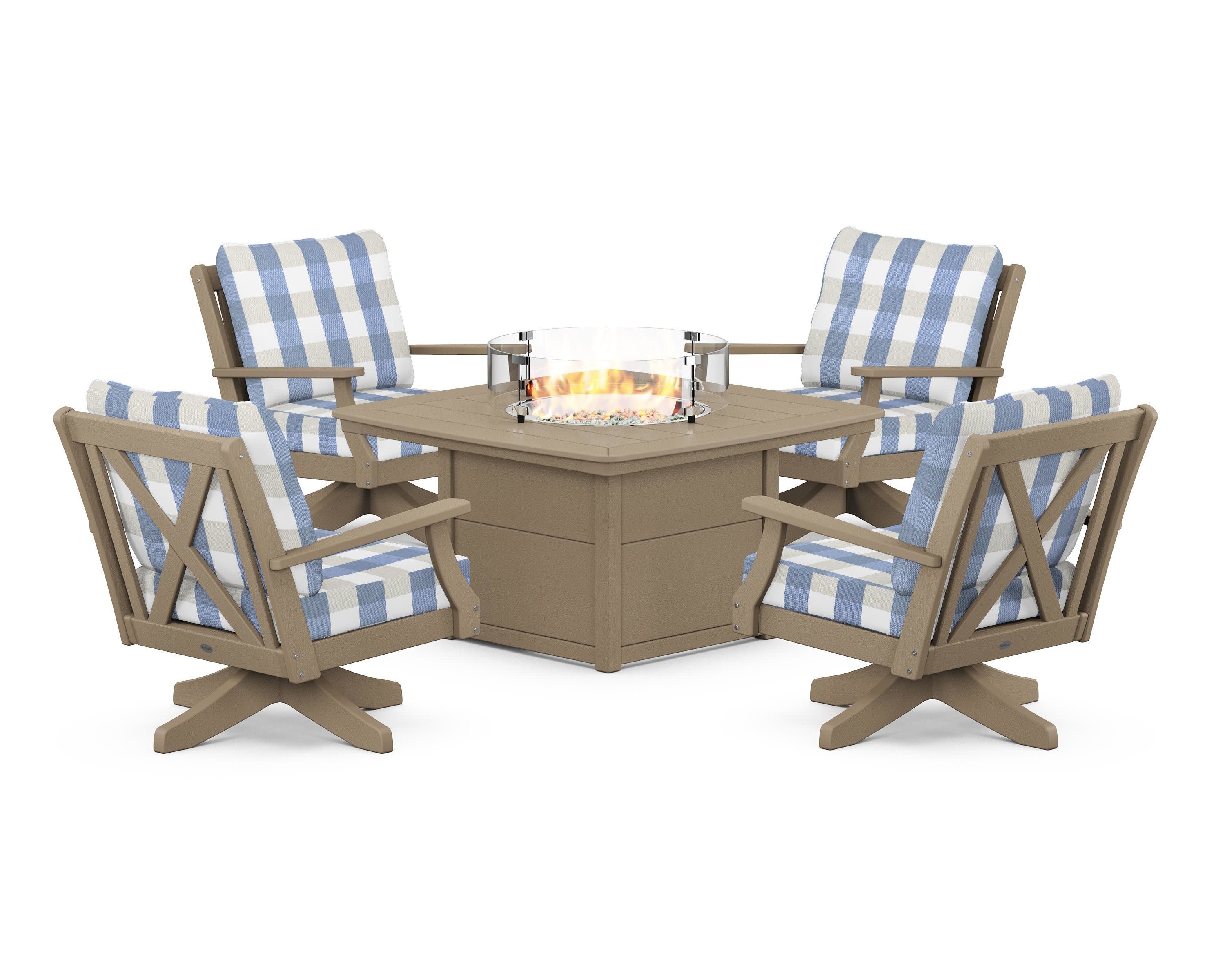 Braxton 5-Piece Deep Seating Swivel Conversation Set with Fire Pit Table in Vintage Sahara / Buffalo Plaid Sky Blue