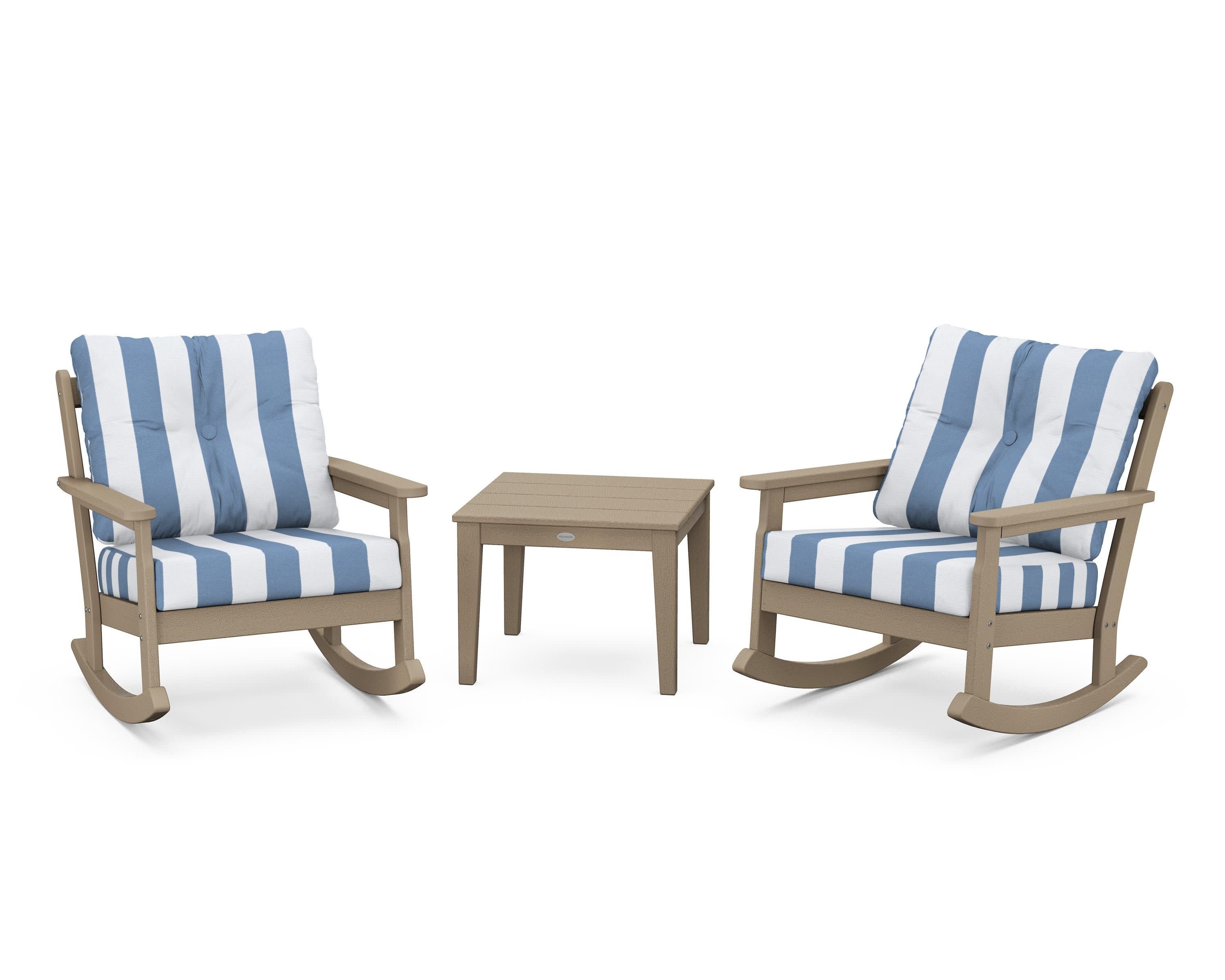 Vineyard 3-Piece Deep Seating Rocker Set in Vintage Sahara / Cabana Stripe Sky Blue