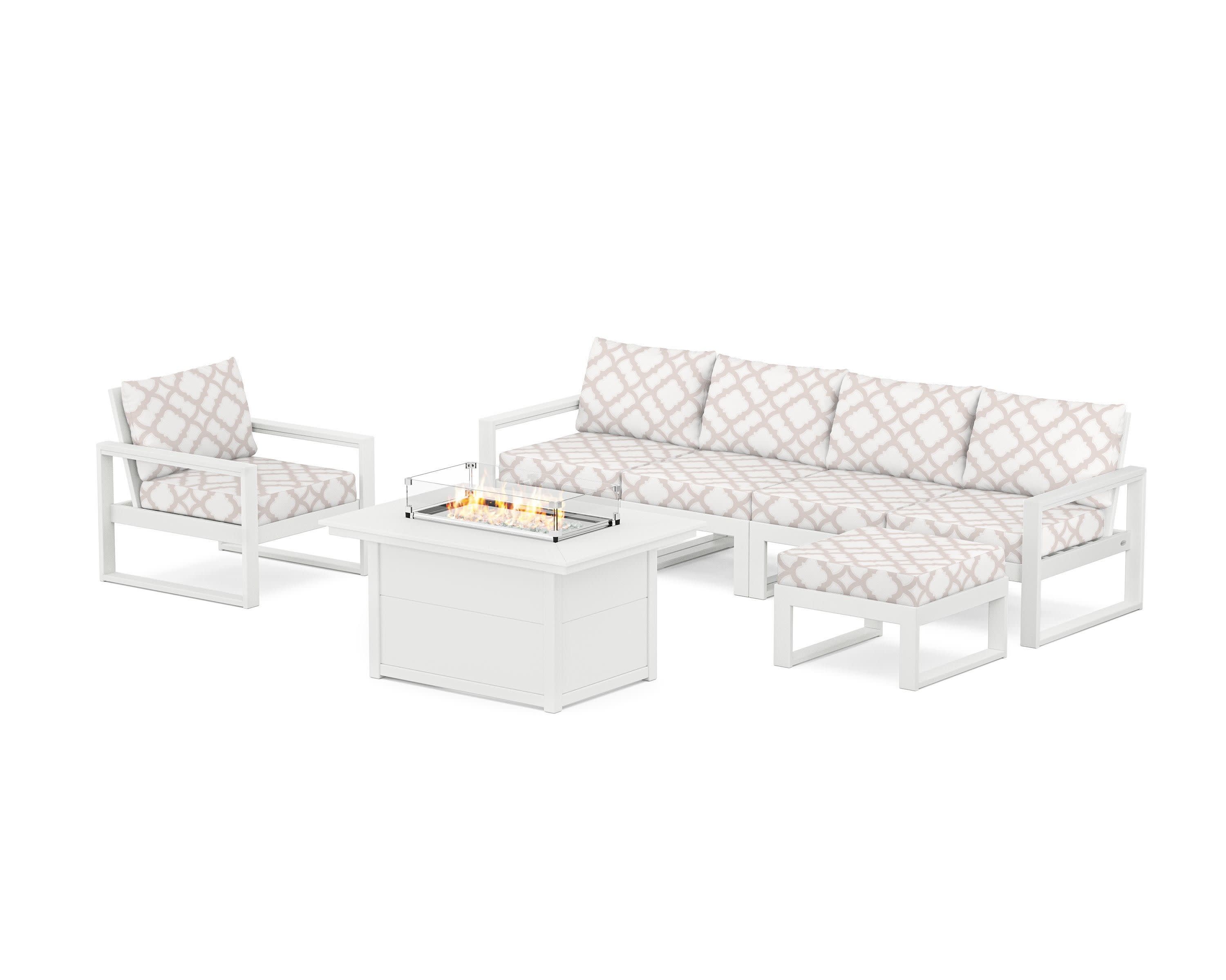 EDGE Sectional Lounge and Fire Pit Set in White / Trellis Dune Burlap