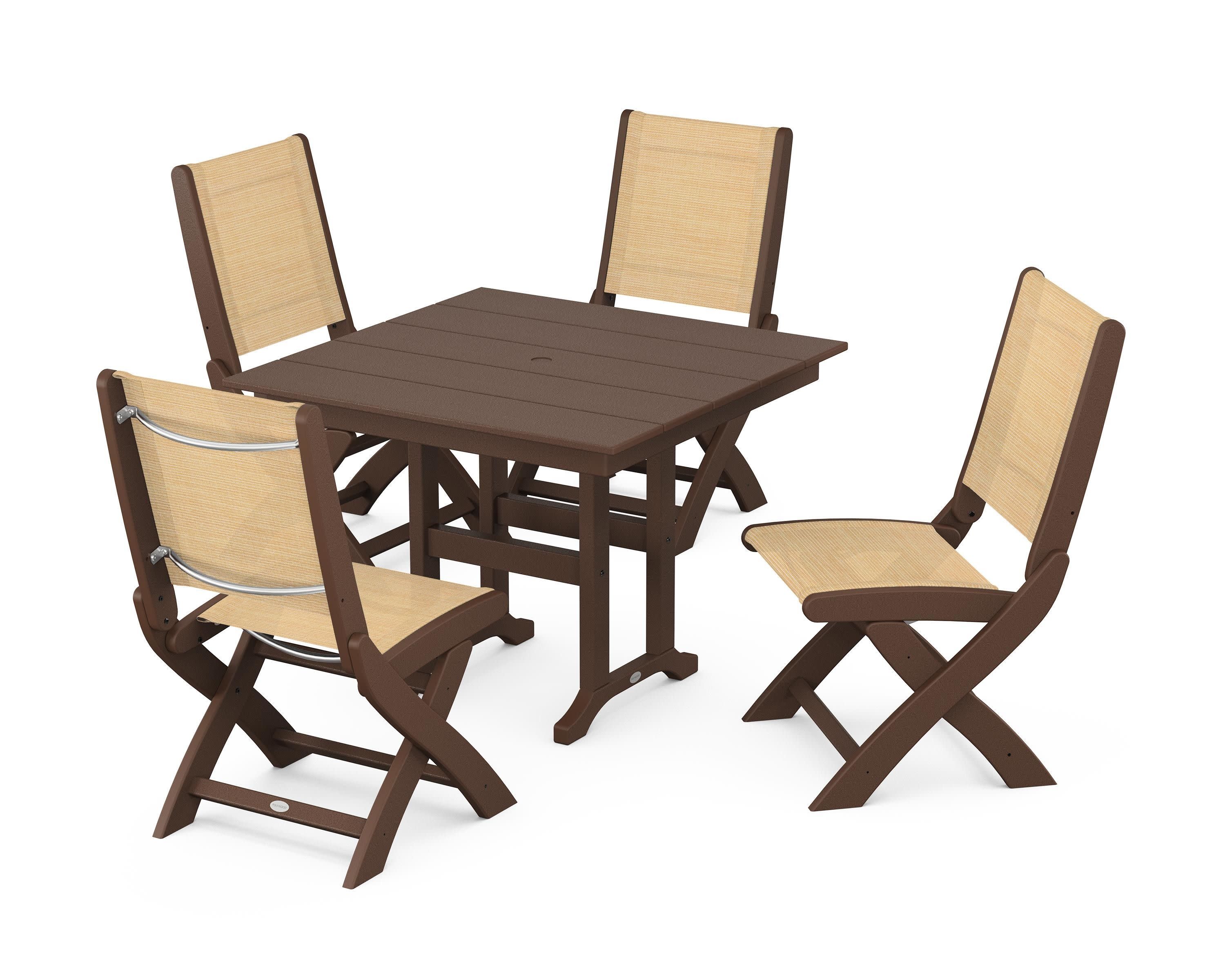Coastal Folding Side Chair 5-Piece Farmhouse Dining Set in Mahogany / Dupioni Apricot Sling