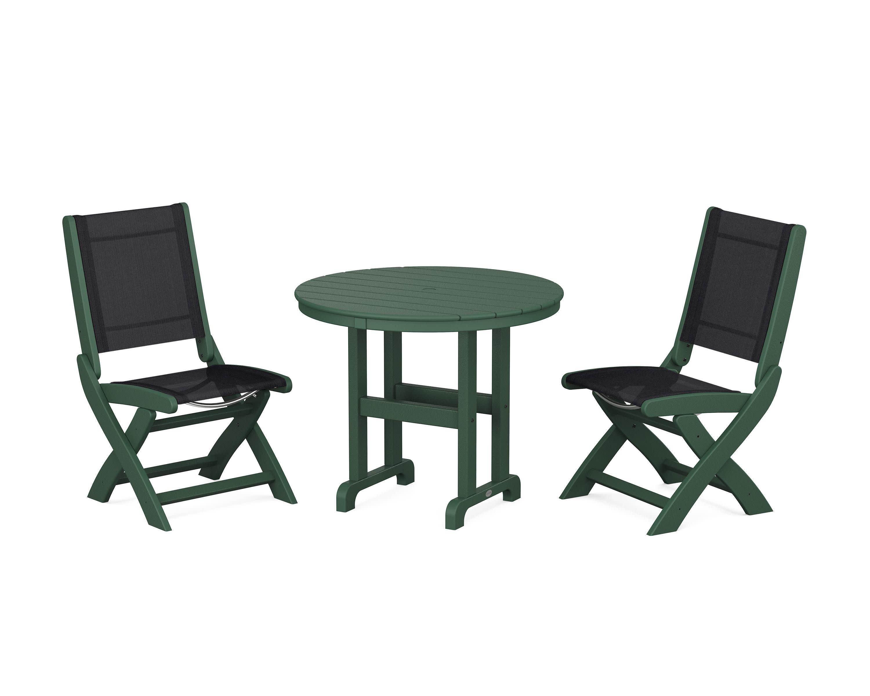 Coastal Folding Side Chair 3-Piece Round Dining Set in Green / Black Sling