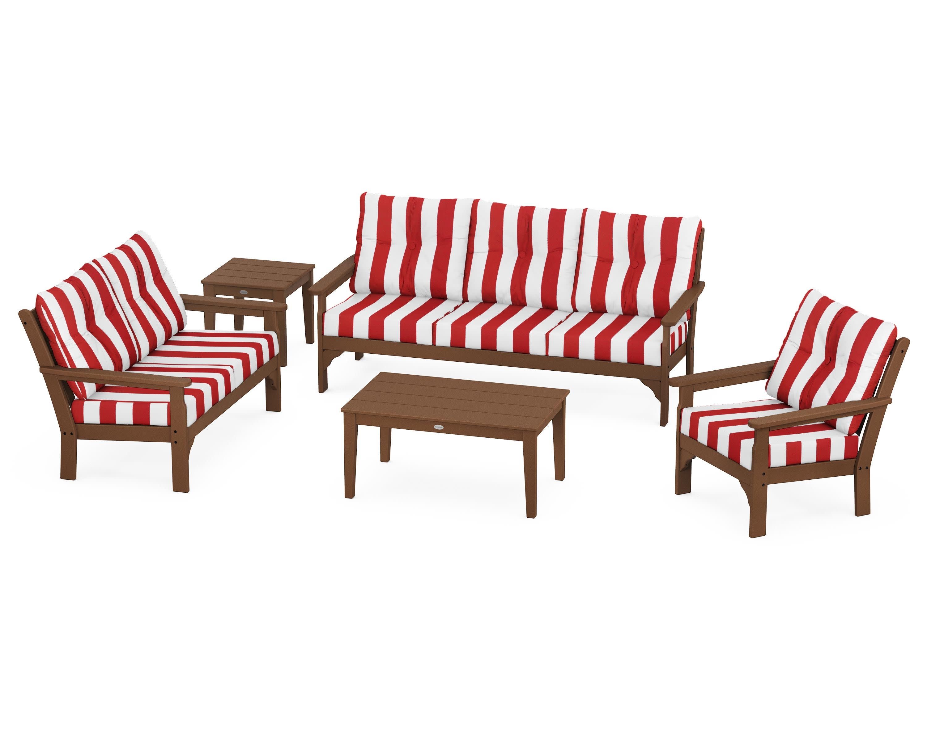 Vineyard 5 Piece Deep Seating Set in Teak / Cabana Stripe Crimson