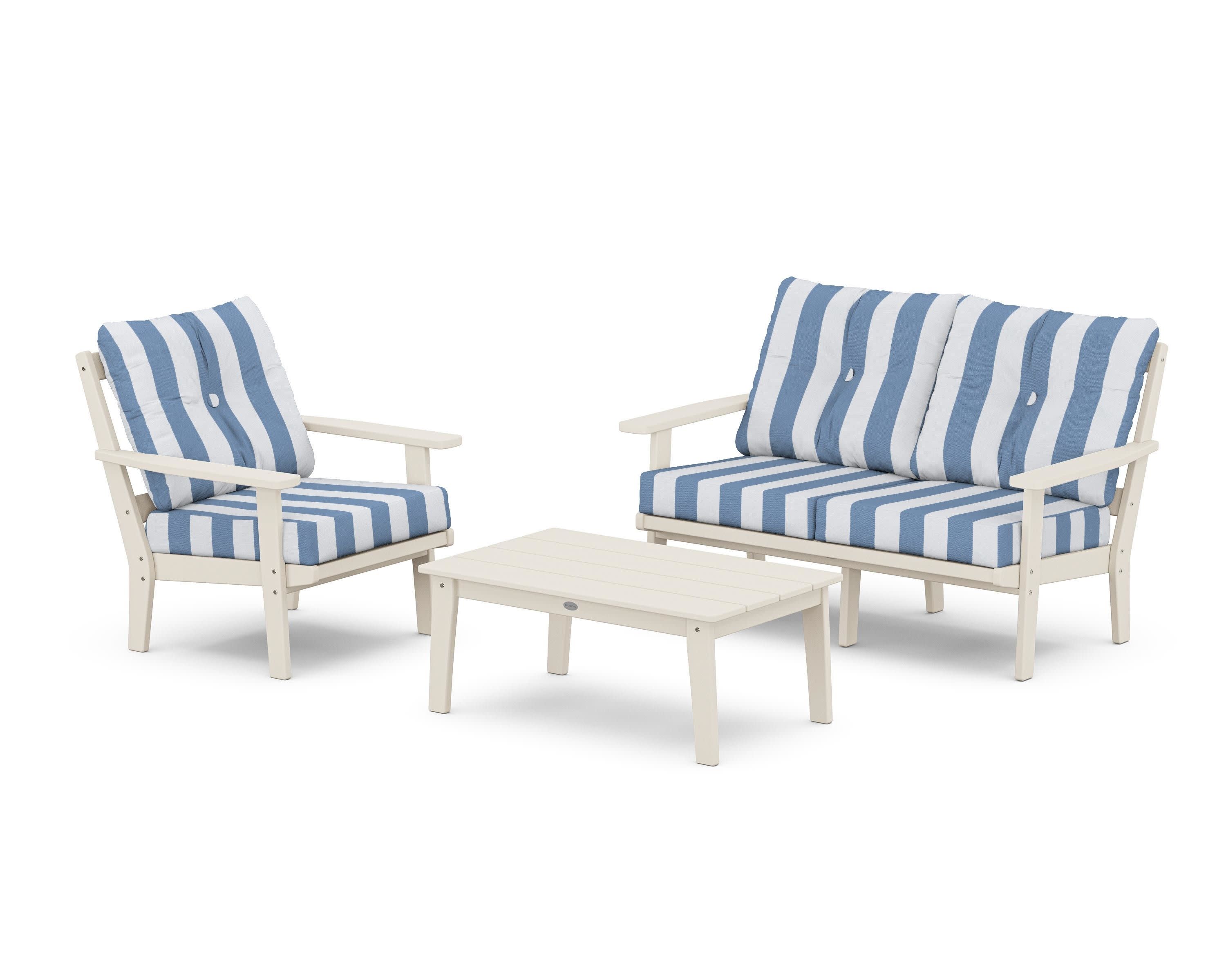 Oxford 3-Piece Deep Seating Set with Loveseat in Sand / Cabana Stripe Sky Blue