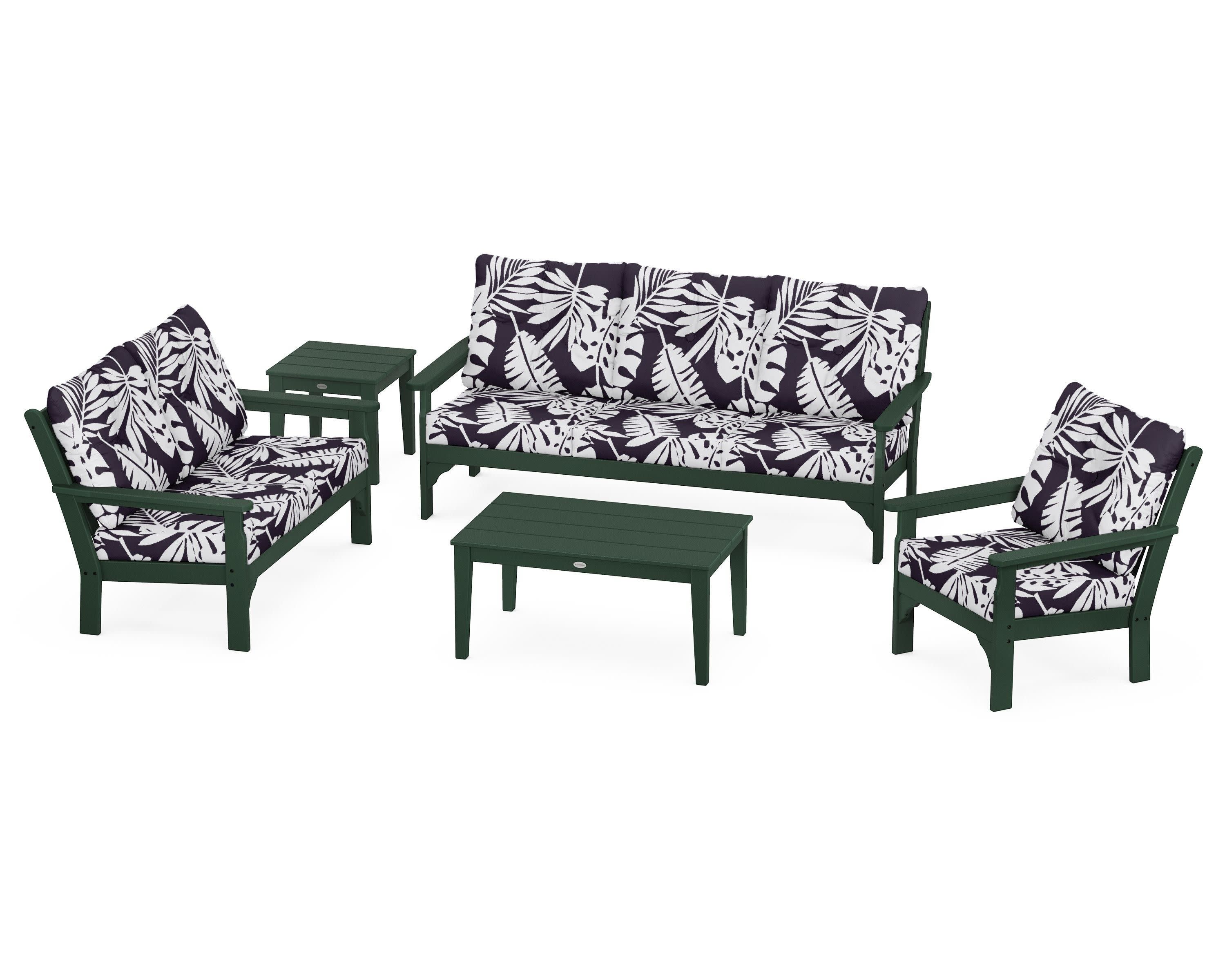 Vineyard 5 Piece Deep Seating Set in Green / Leaf Navy