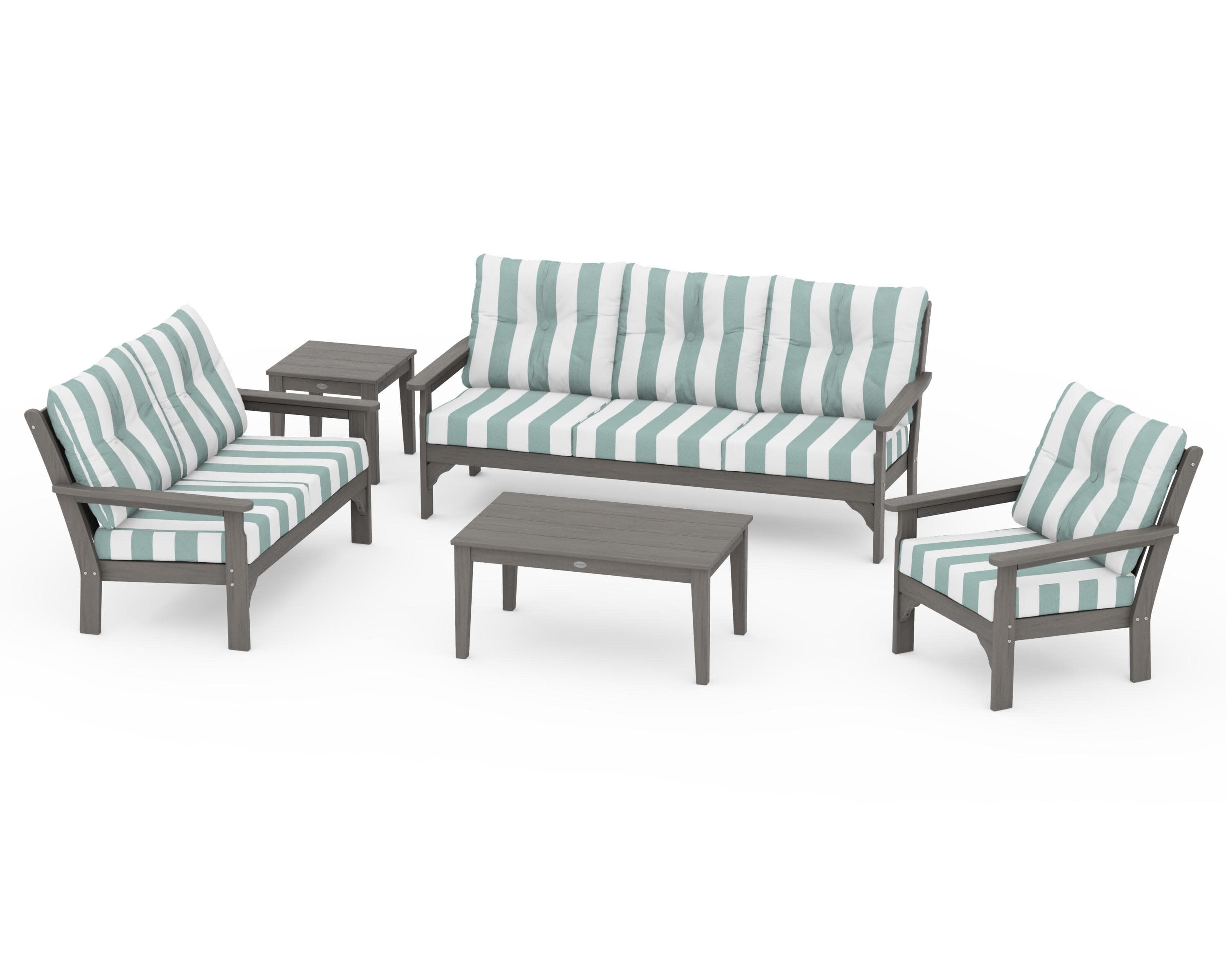Vineyard 5 Piece Deep Seating Set in Driftwood / Cabana Stripe Glacier Spa