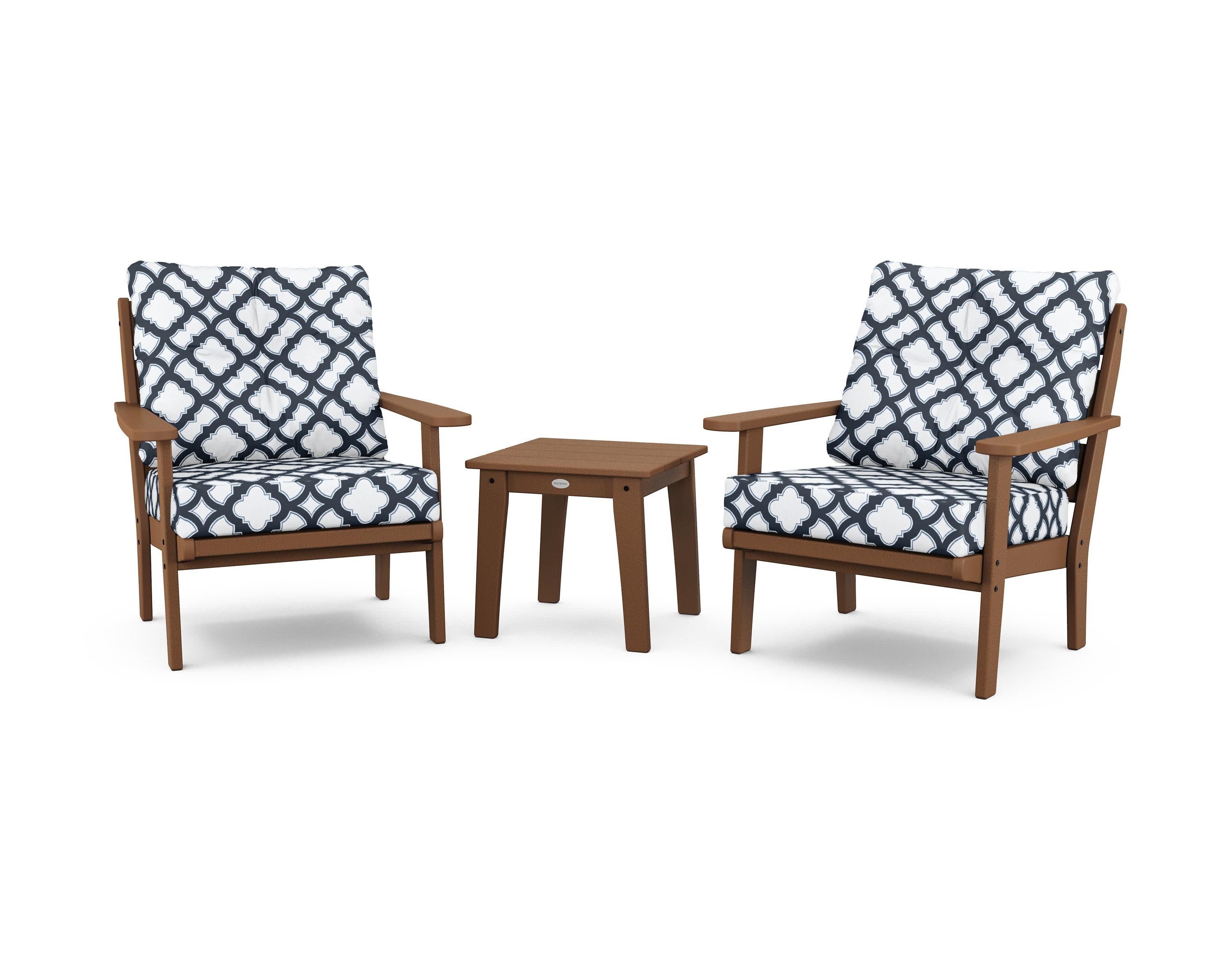 Lakeside 3-Piece Deep Seating Chair Set in Teak / Trellis Marine Indigo