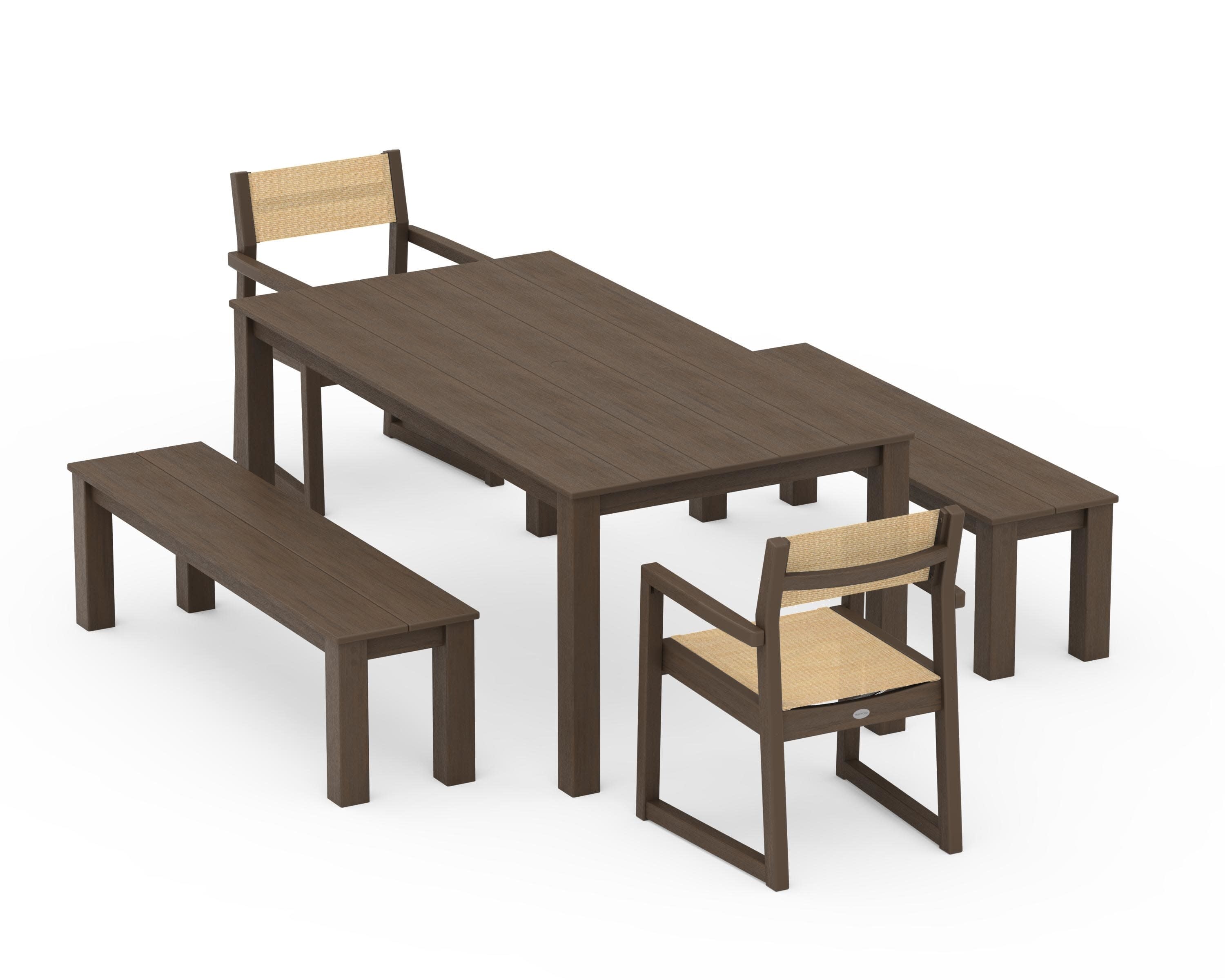 EDGE Sling Arm Chair 5-Piece Parsons Dining Set with Benches in Kona / Dupioni Apricot Sling