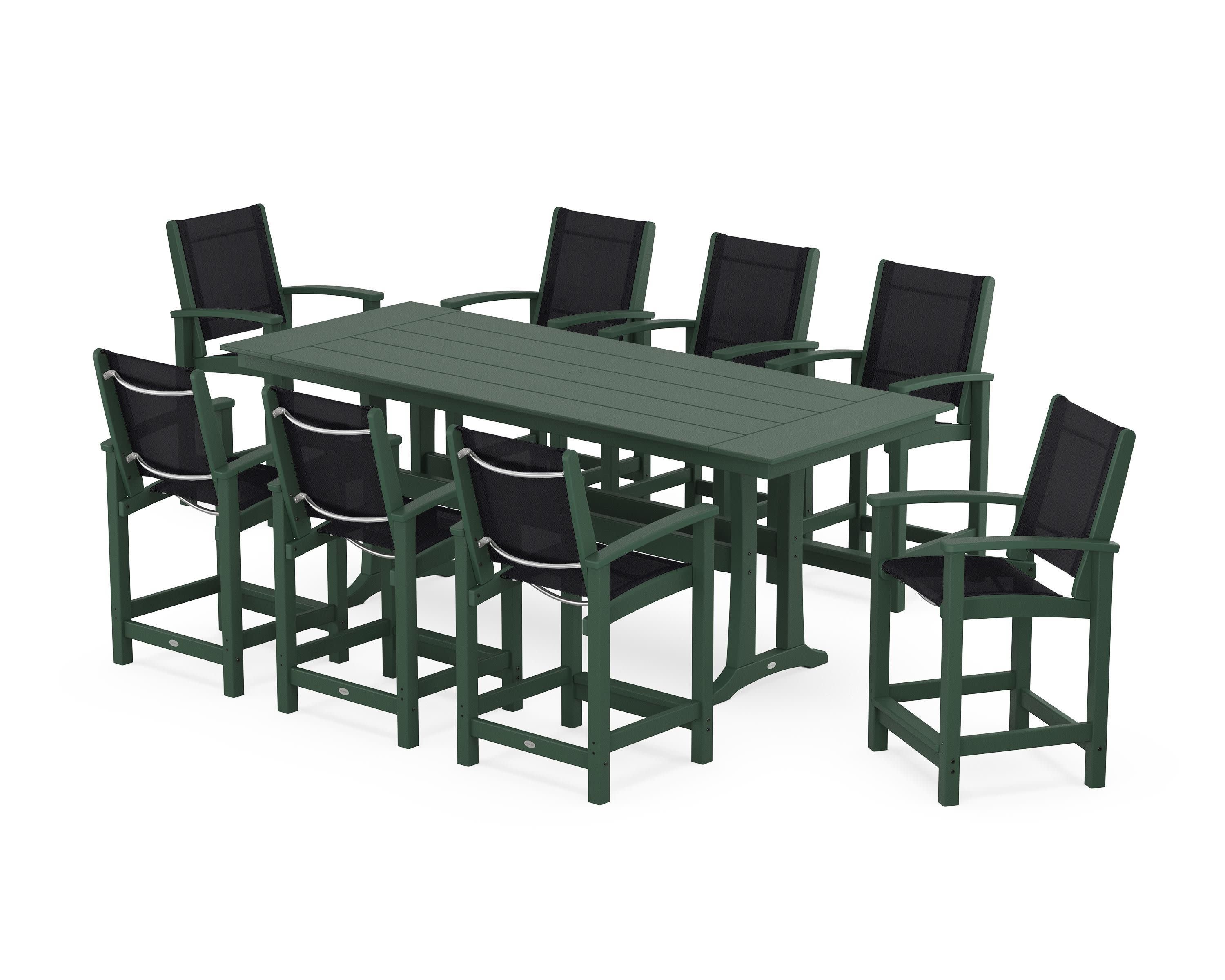 Coastal 9-Piece Farmhouse Counter Set with Trestle Legs in Green / Black Sling