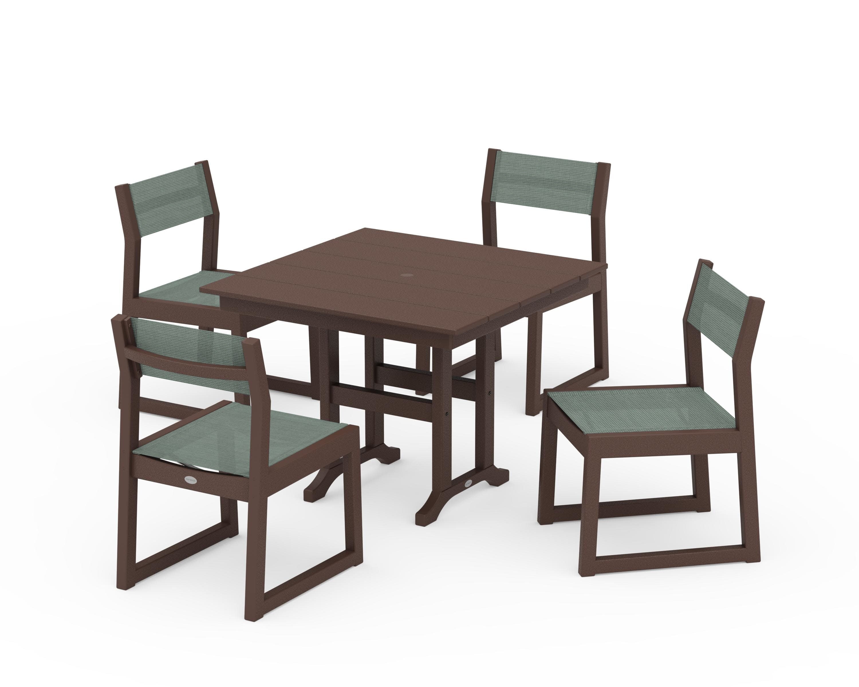 EDGE Sling Side Chair 5-Piece Farmhouse Dining Set in Mahogany / Dupioni Sea Mist Sling