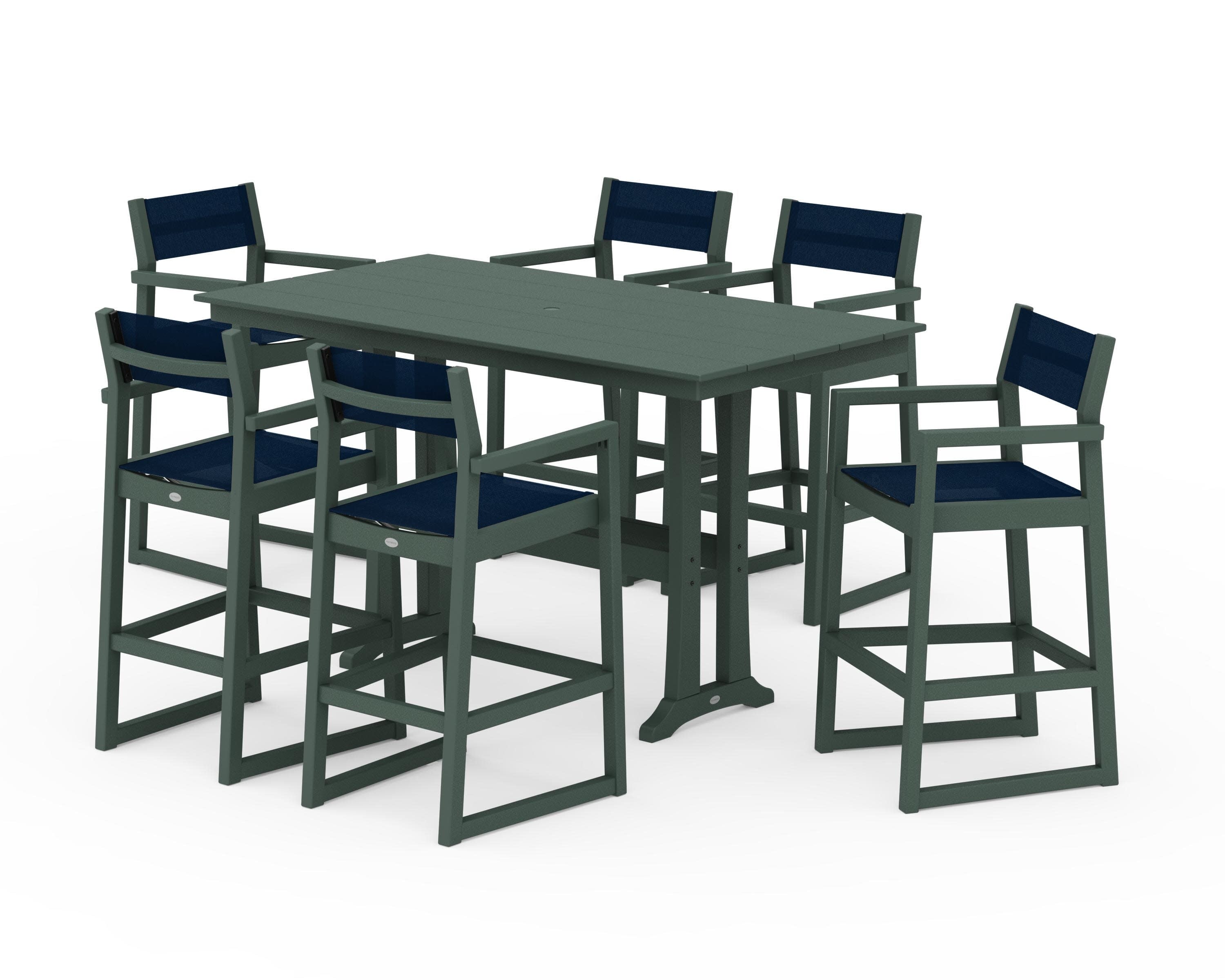 EDGE Sling Arm Chair 7-Piece Farmhouse Bar Set with Trestle Legs in Green / Navy Blue Sling