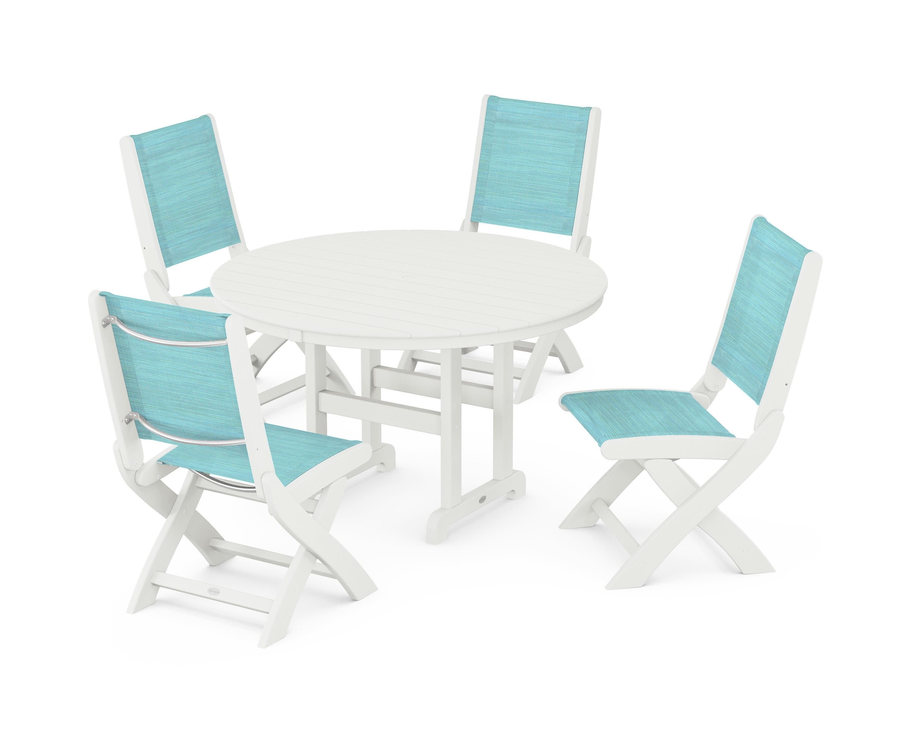 Coastal Folding Side Chair 5-Piece Round Dining Set in Vintage White / Dupioni Aquamarine Sling