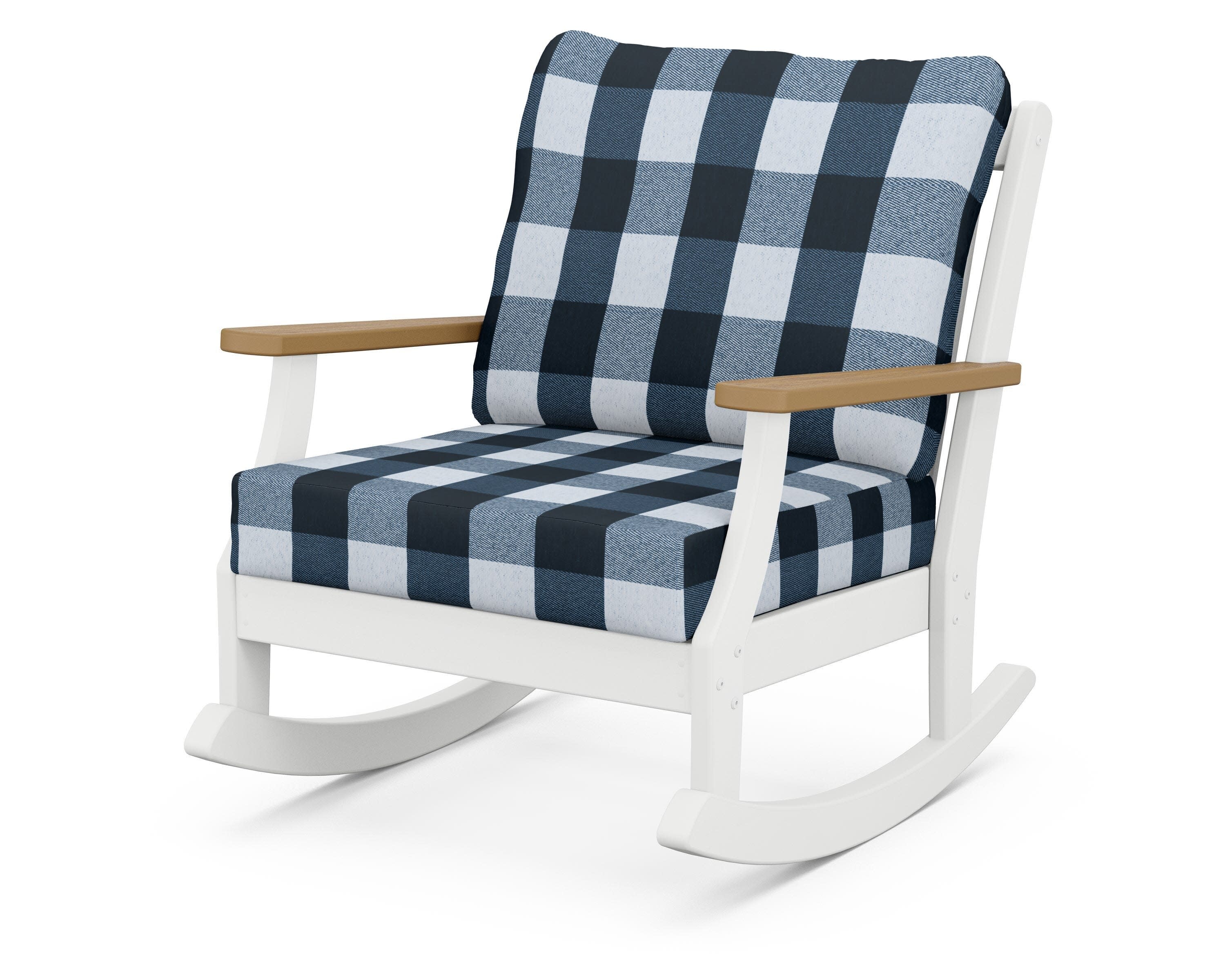 Braxton Deep Seating Rocking Chair in White / Natural / Buffalo Plaid Marine Indigo