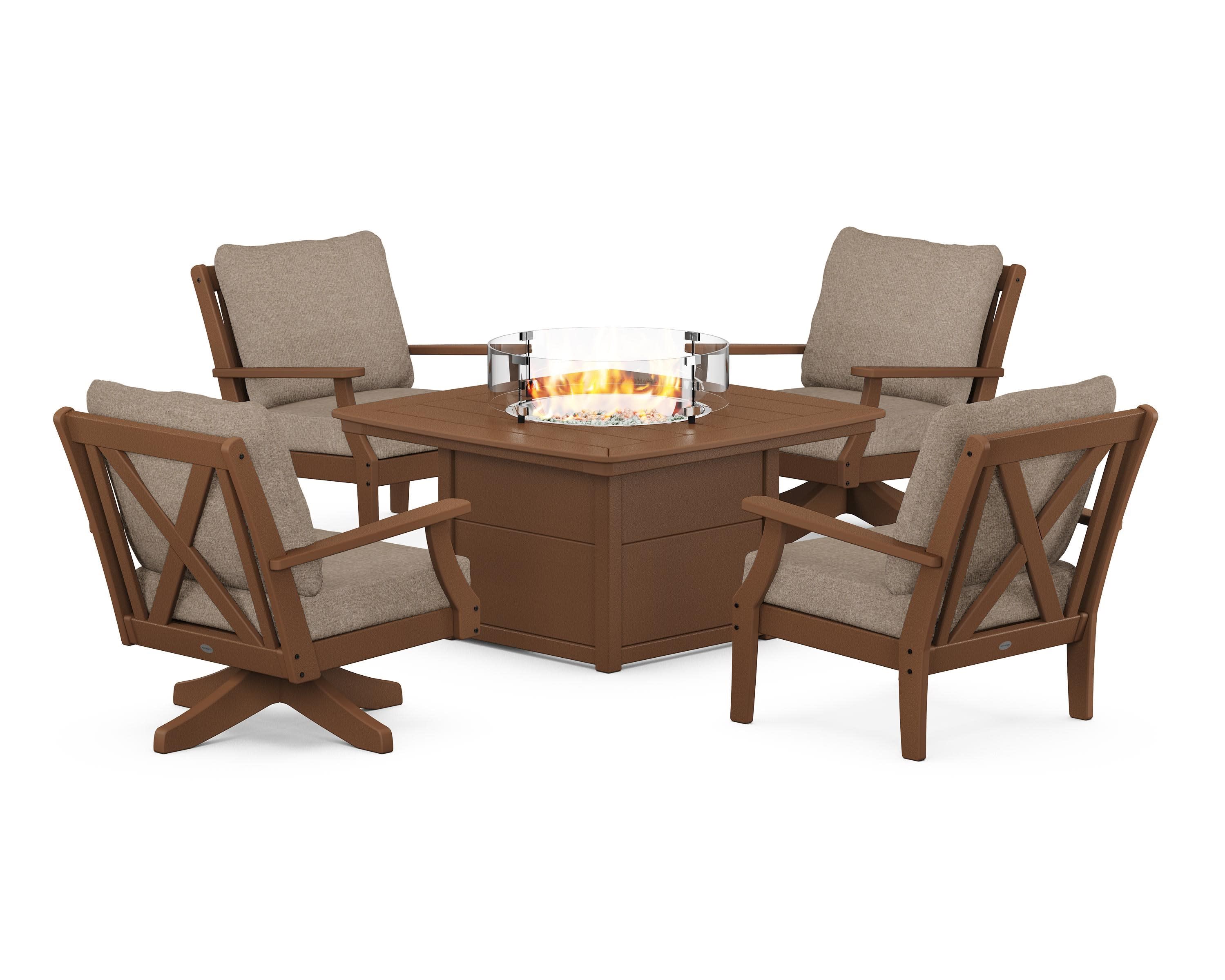 Braxton 5-Piece Deep Seating Set with Fire Table in Teak / Spiced Burlap