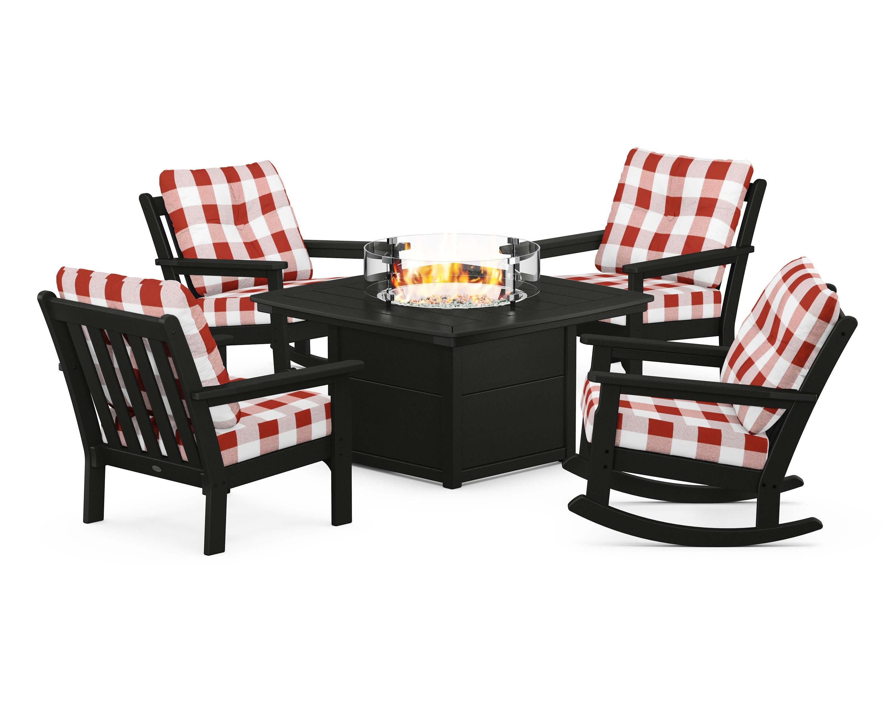 Vineyard 5-Piece Deep Seating Rocking Chair Conversation Set with Fire Pit Table in Black / Buffalo Plaid Crimson