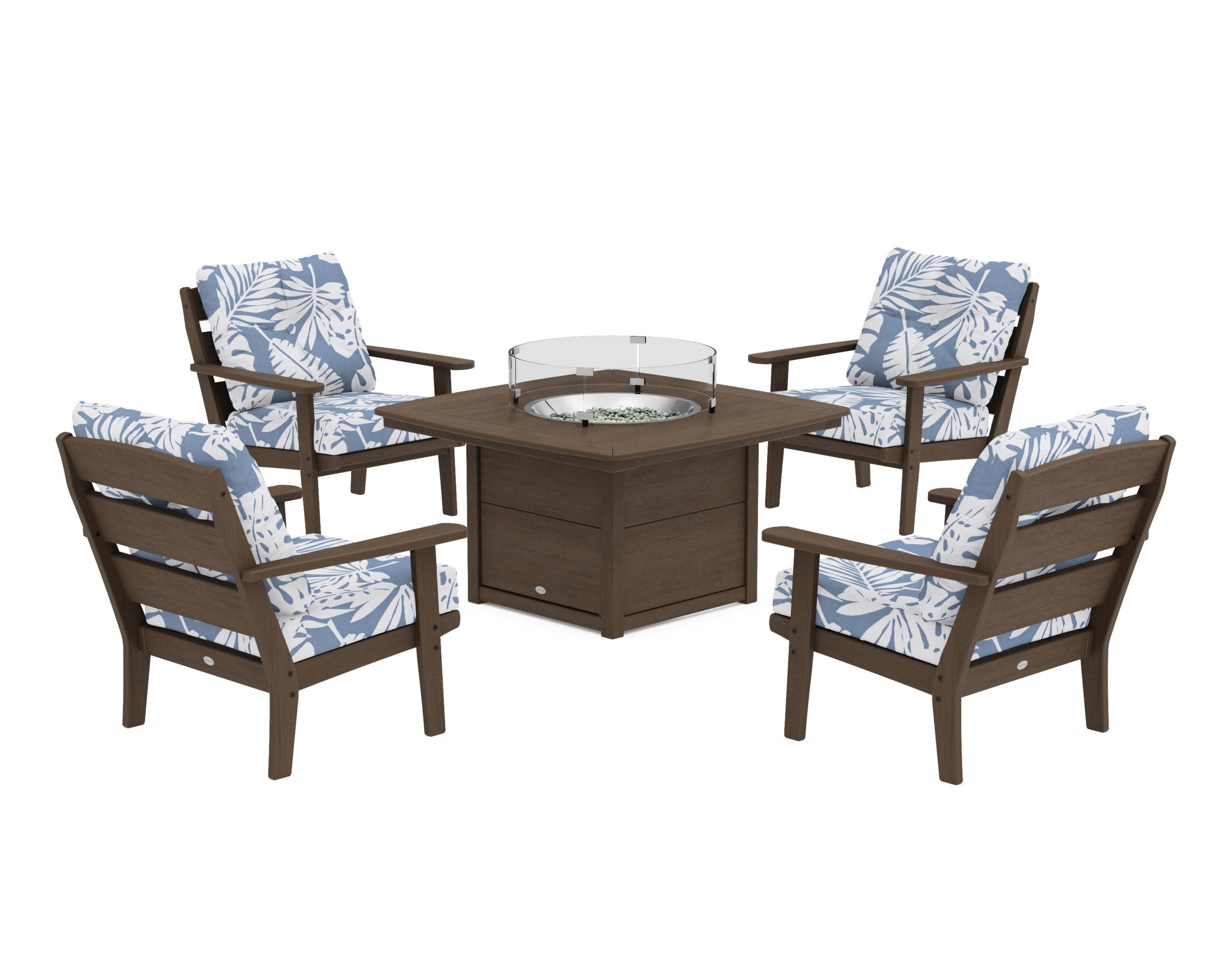 Lakeside 5-Piece Deep Seating Set with Nautical Fire Pit Table in Kona / Leaf Sky Blue