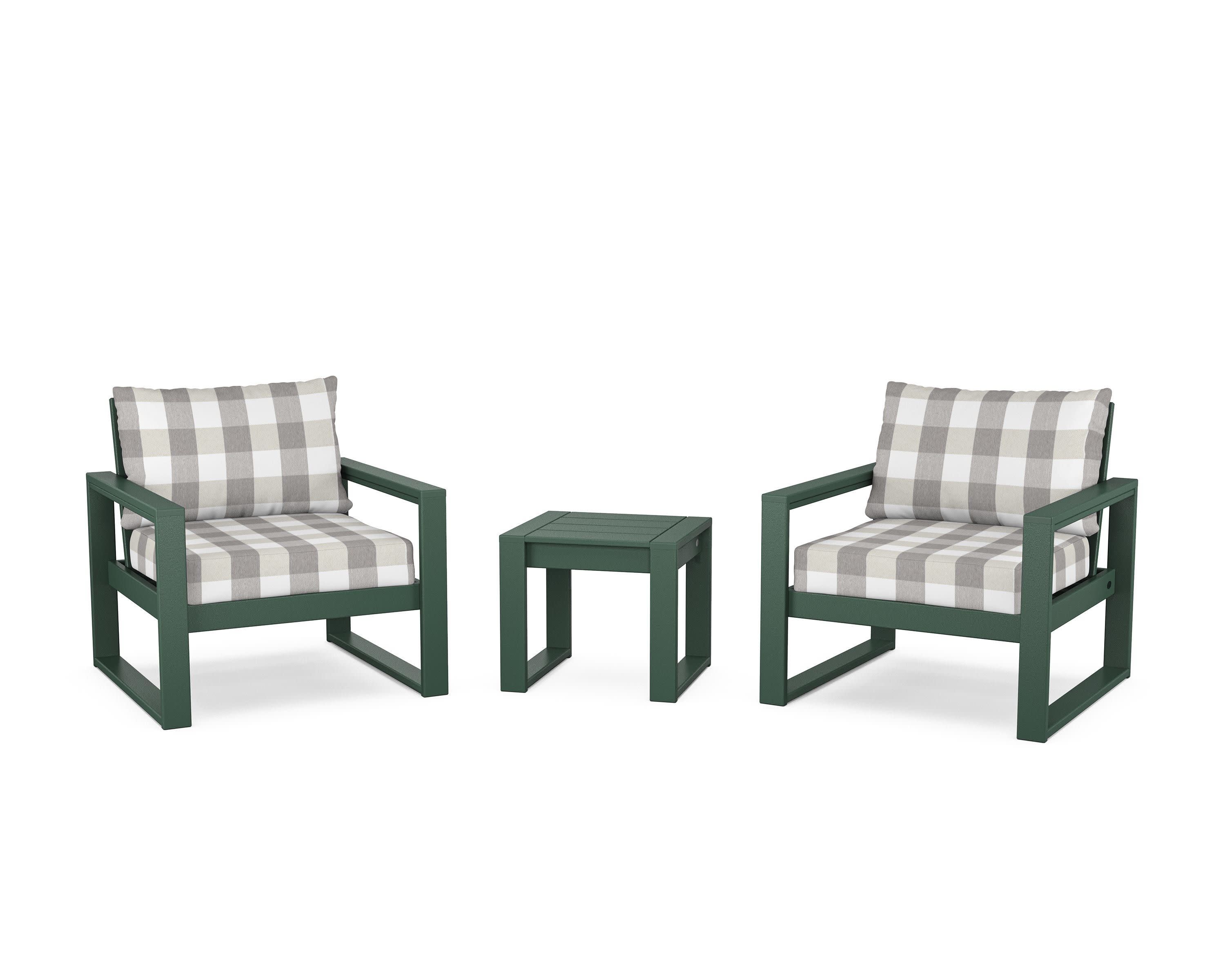 EDGE Sectional 3-Piece Deep Seating Set in Green / Buffalo Plaid Grey Mist
