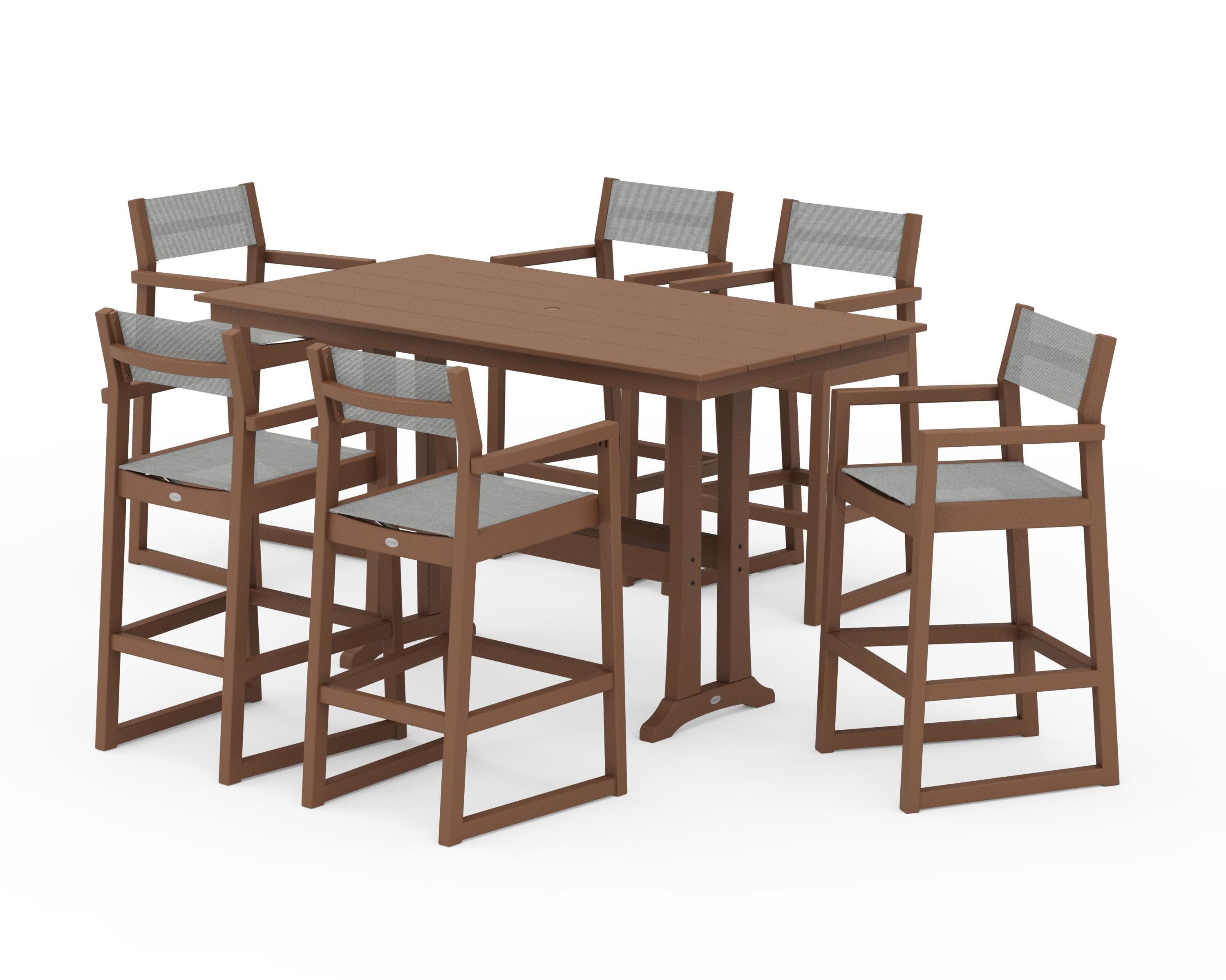 EDGE Sling Arm Chair 7-Piece Farmhouse Bar Set with Trestle Legs in Teak / Metallic Sling