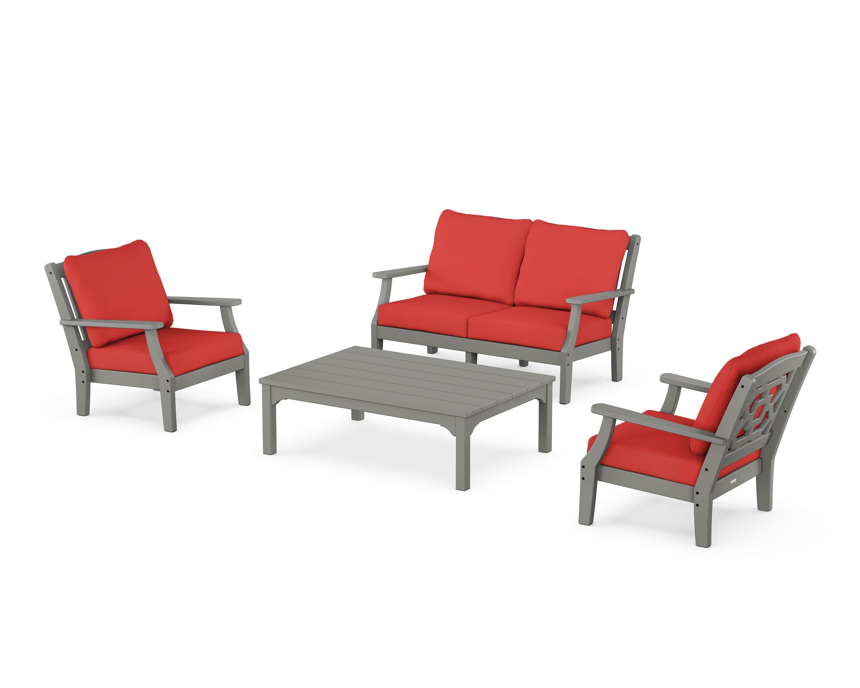 Chinoiserie 4-Piece Deep Seating Set with Loveseat in Slate Grey / Crimson Linen