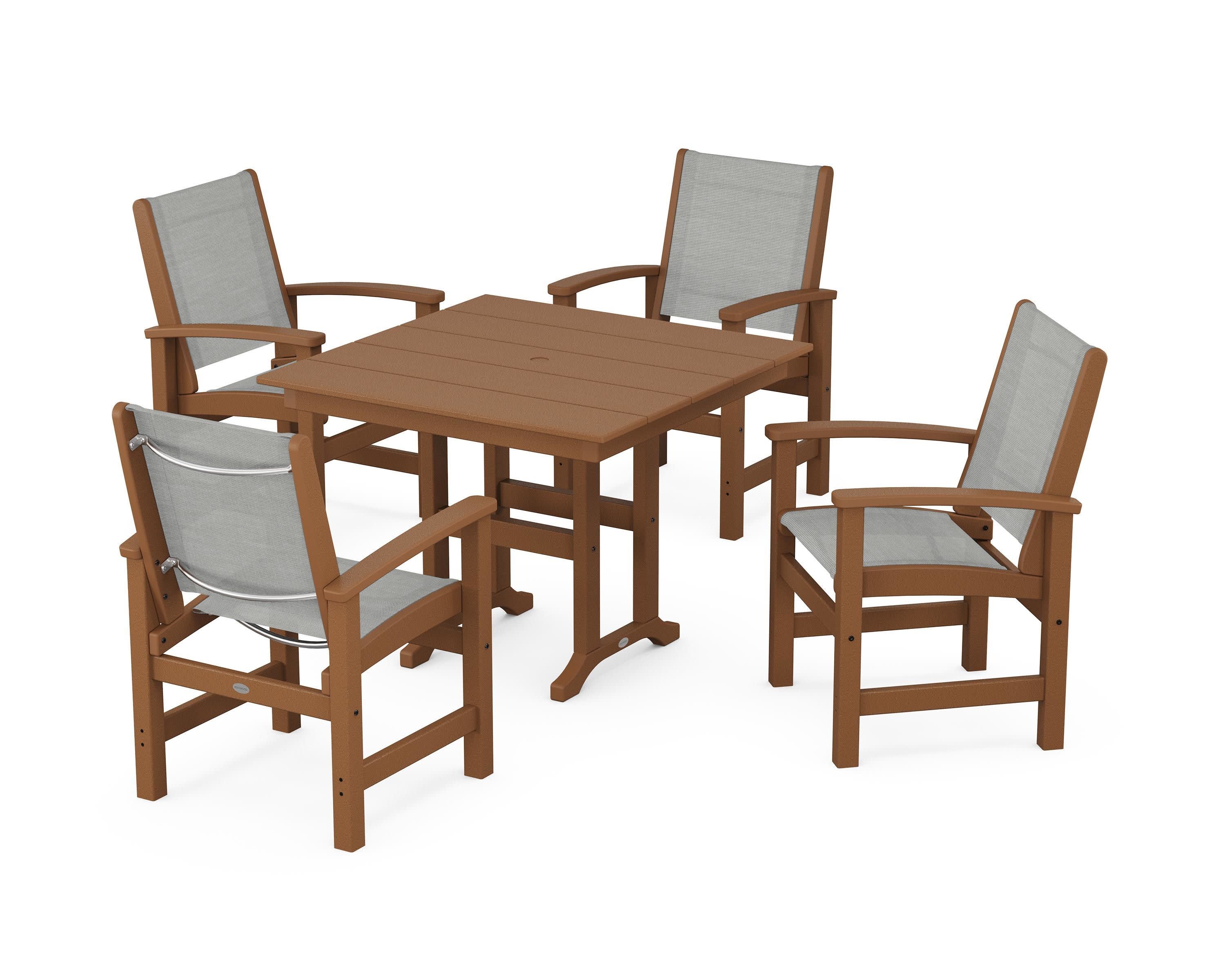 Coastal 5-Piece Farmhouse Dining Set in Teak / Metallic Sling