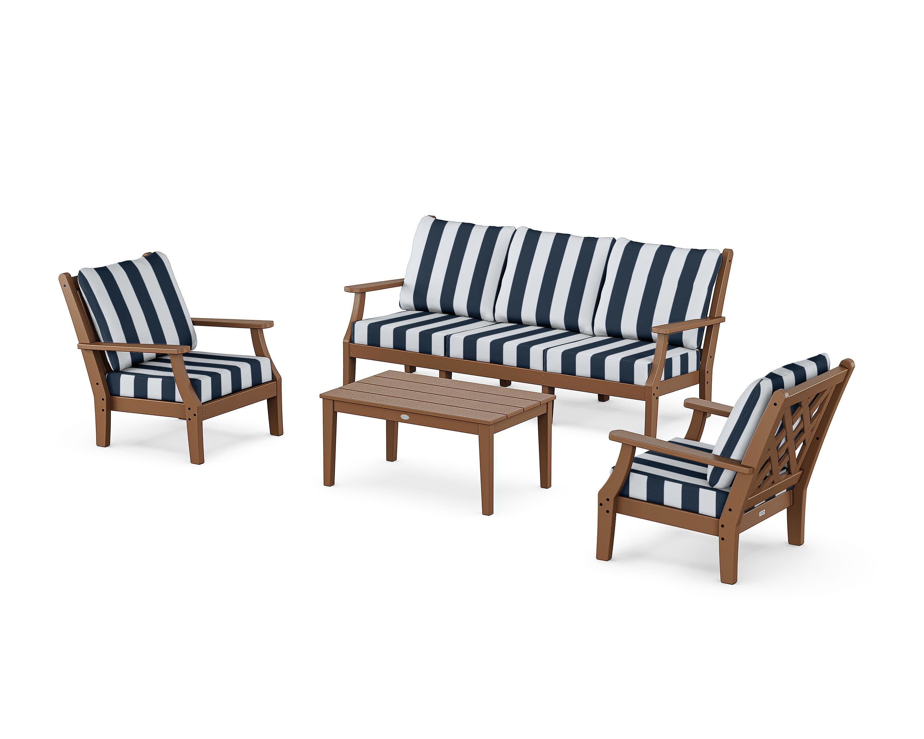 Wovendale 4-Piece Deep Seating Set with Sofa in Teak / Cabana Stripe Marine Indigo