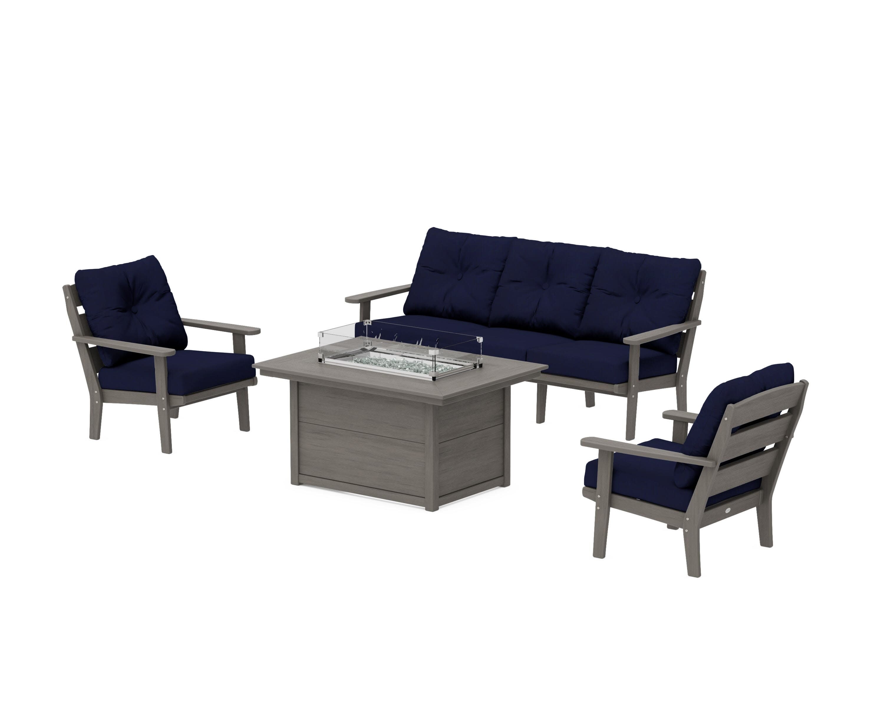 Lakeside Deep Seating Fire Pit Table Set in Driftwood / Navy