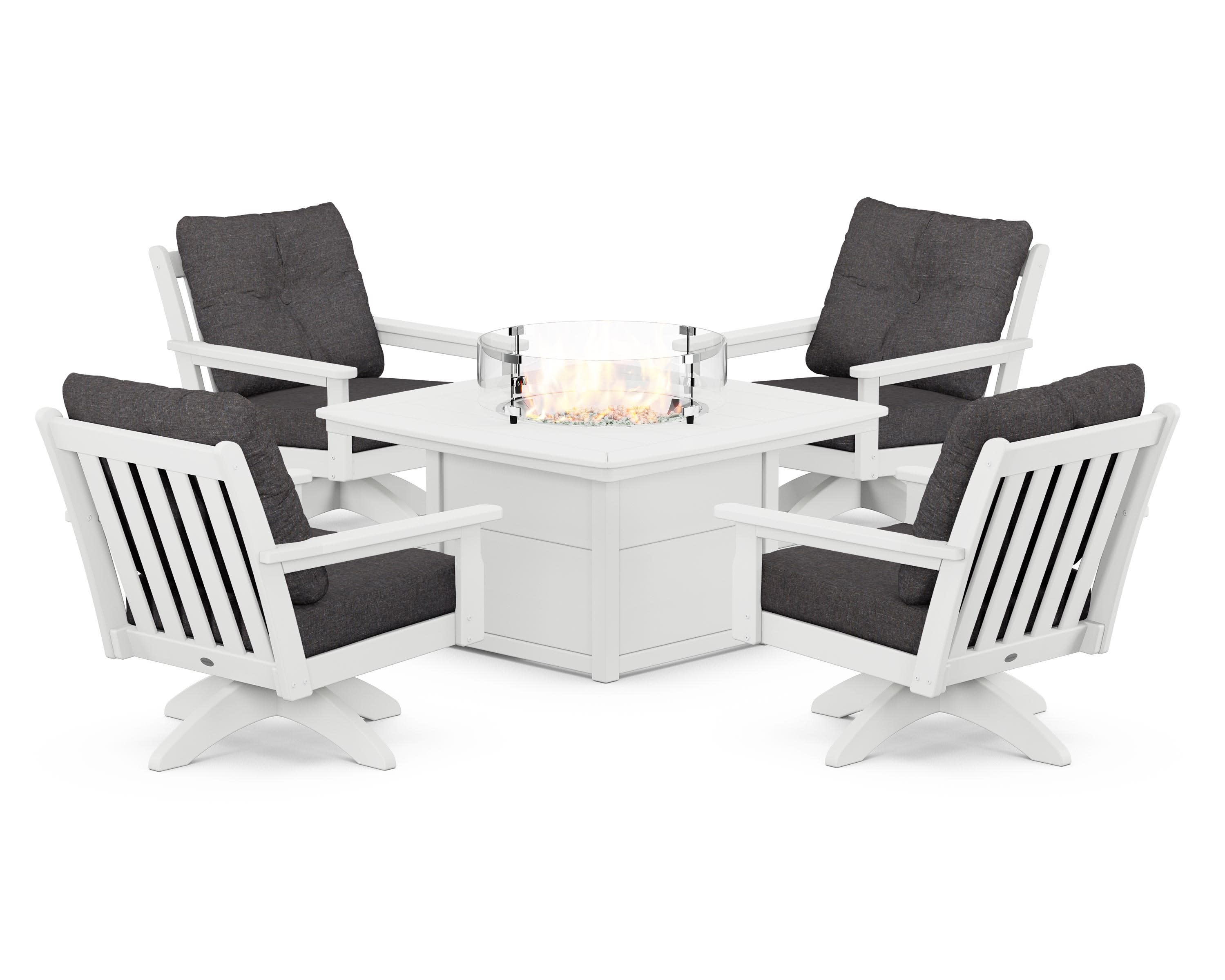 Vineyard 5-Piece Deep Seating Swivel Conversation Set with Fire Pit Table in White / Ash Charcoal