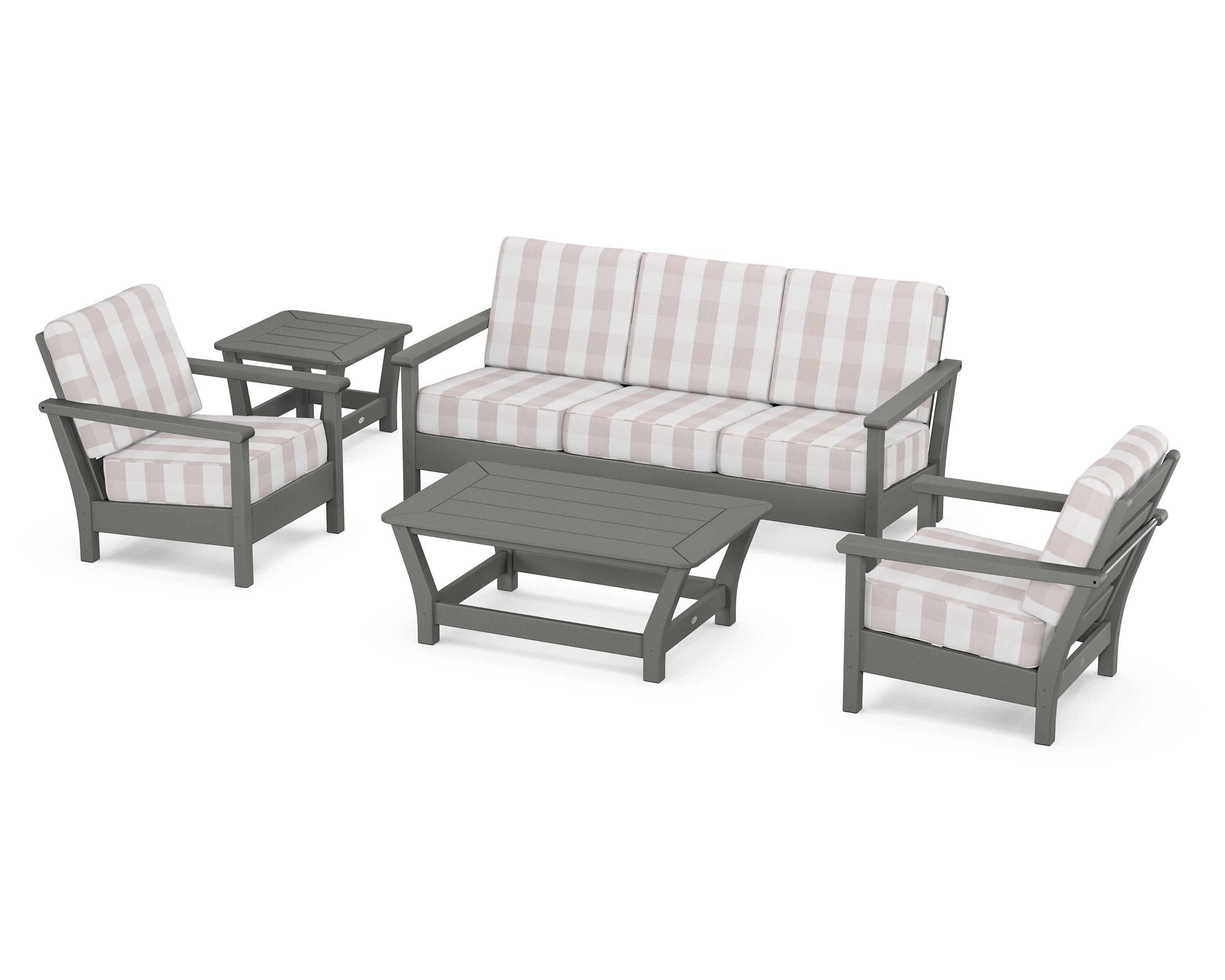Harbour 5-Piece Deep Seating Set in Slate Grey / Buffalo Plaid Dune Burlap