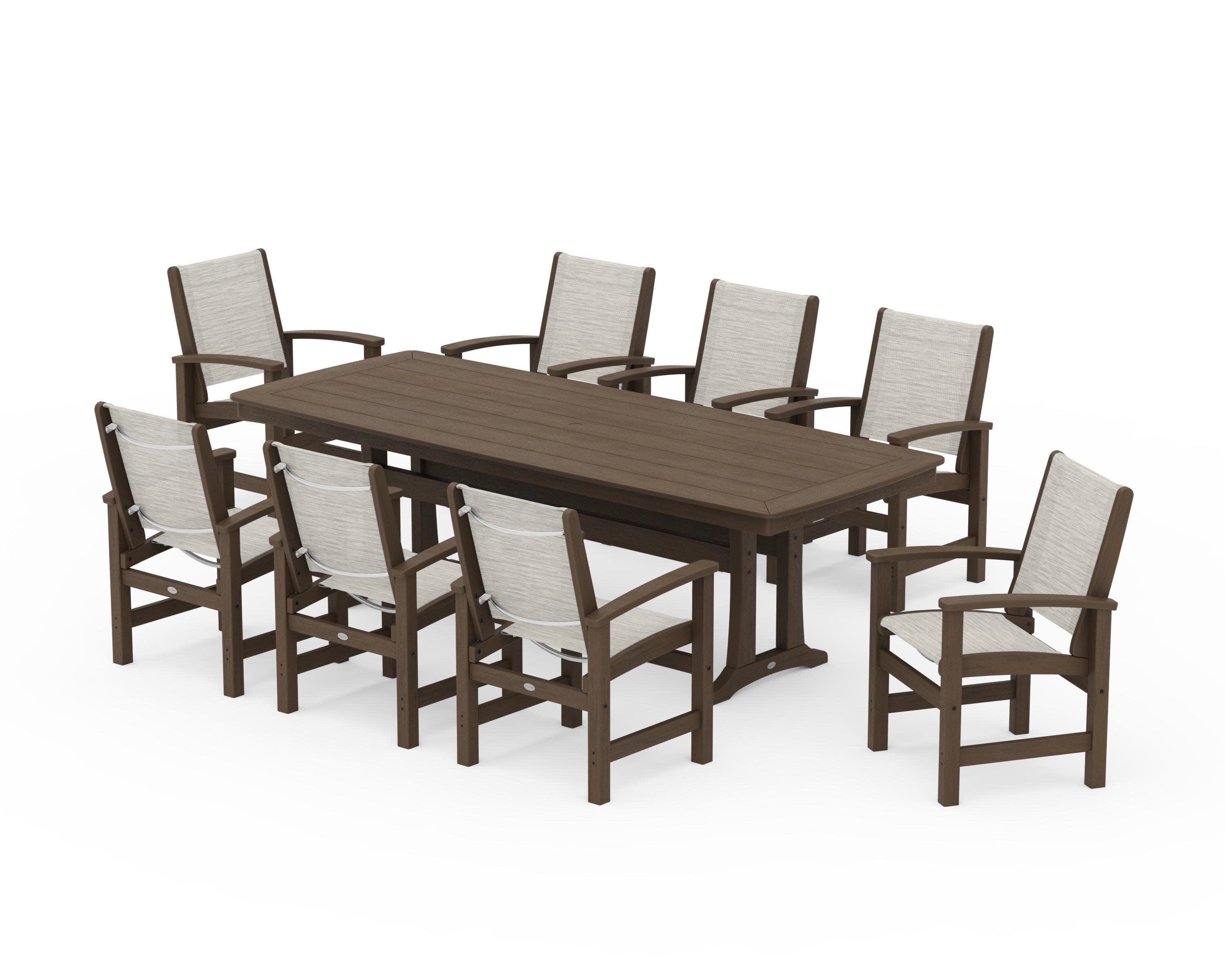 Coastal 9-Piece Dining Set with Trestle Legs in Kona / Birch Sling