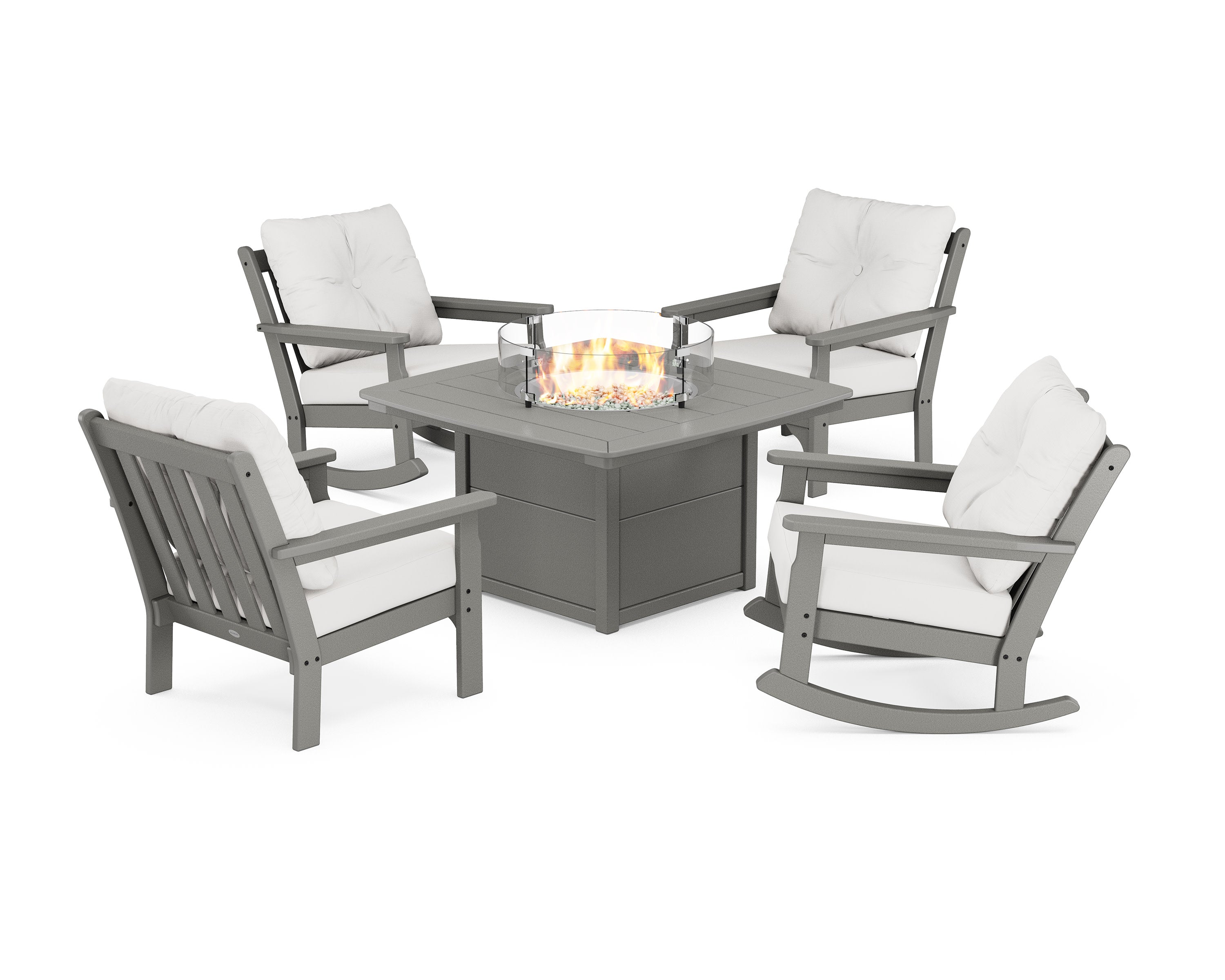 Vineyard 5-Piece Deep Seating Rocking Chair Conversation Set with Fire Pit Table in Slate Grey / Natural Linen