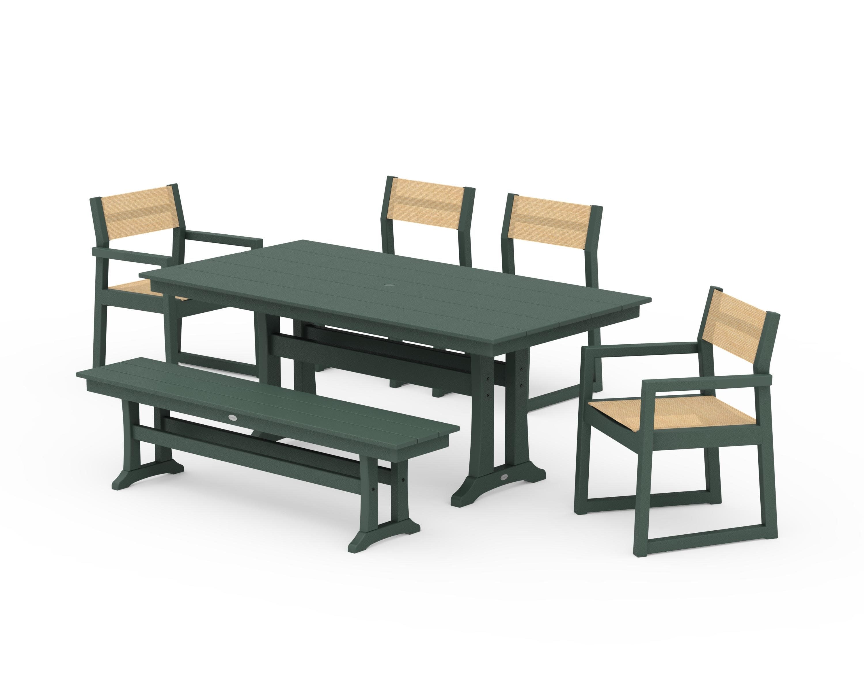 EDGE Sling 6-Piece Farmhouse Dining Set With Trestle Legs in Green / Dupioni Apricot Sling