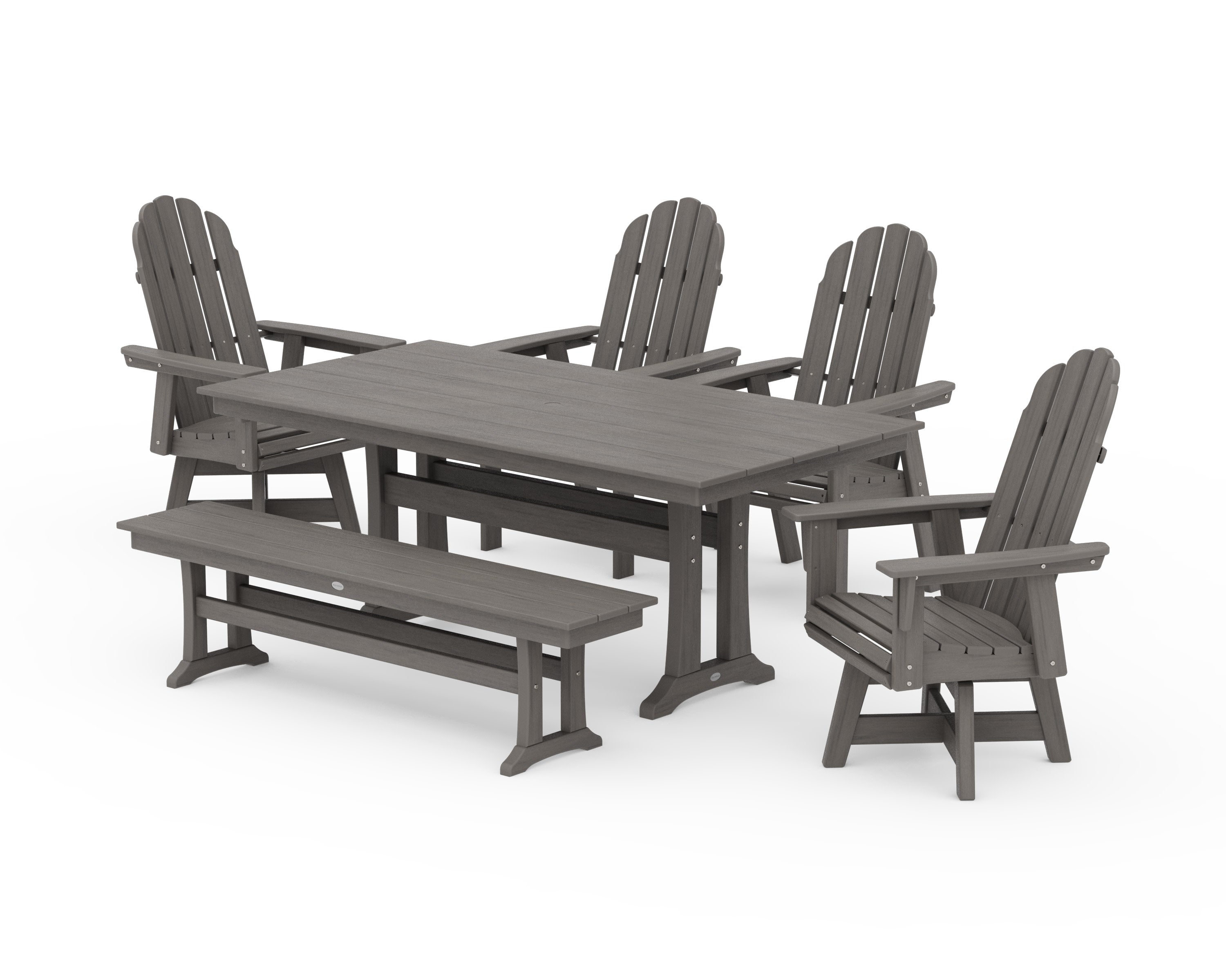 Vineyard Curveback Adirondack 6-Piece Swivel Chair Farmhouse Dining Set with Trestle Legs and Bench in Driftwood