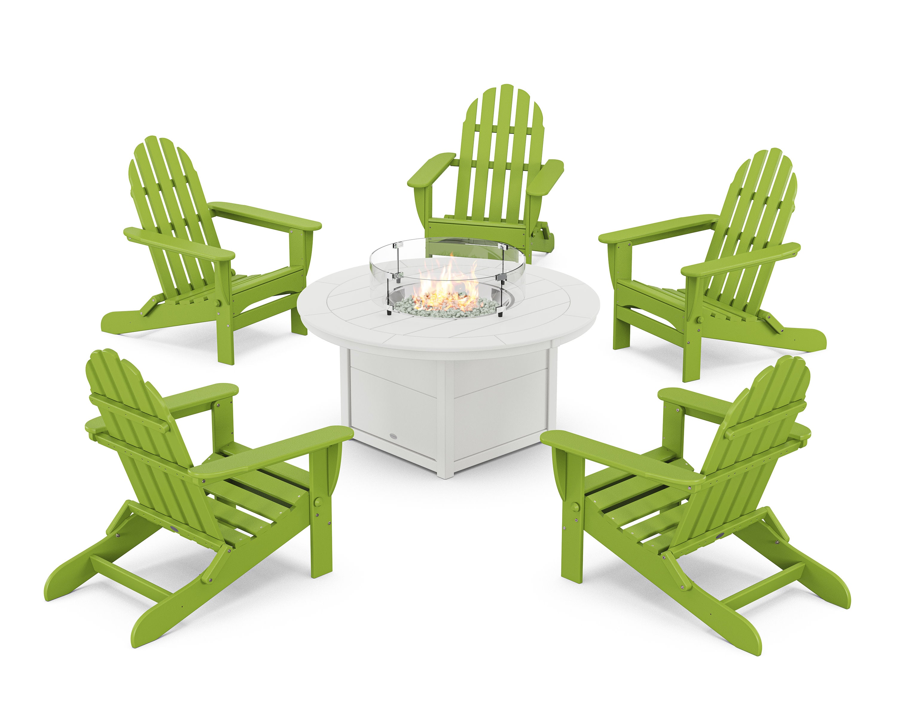 Classic Folding Adirondack 6-Piece Conversation Set with Fire Pit Table in Lime / White