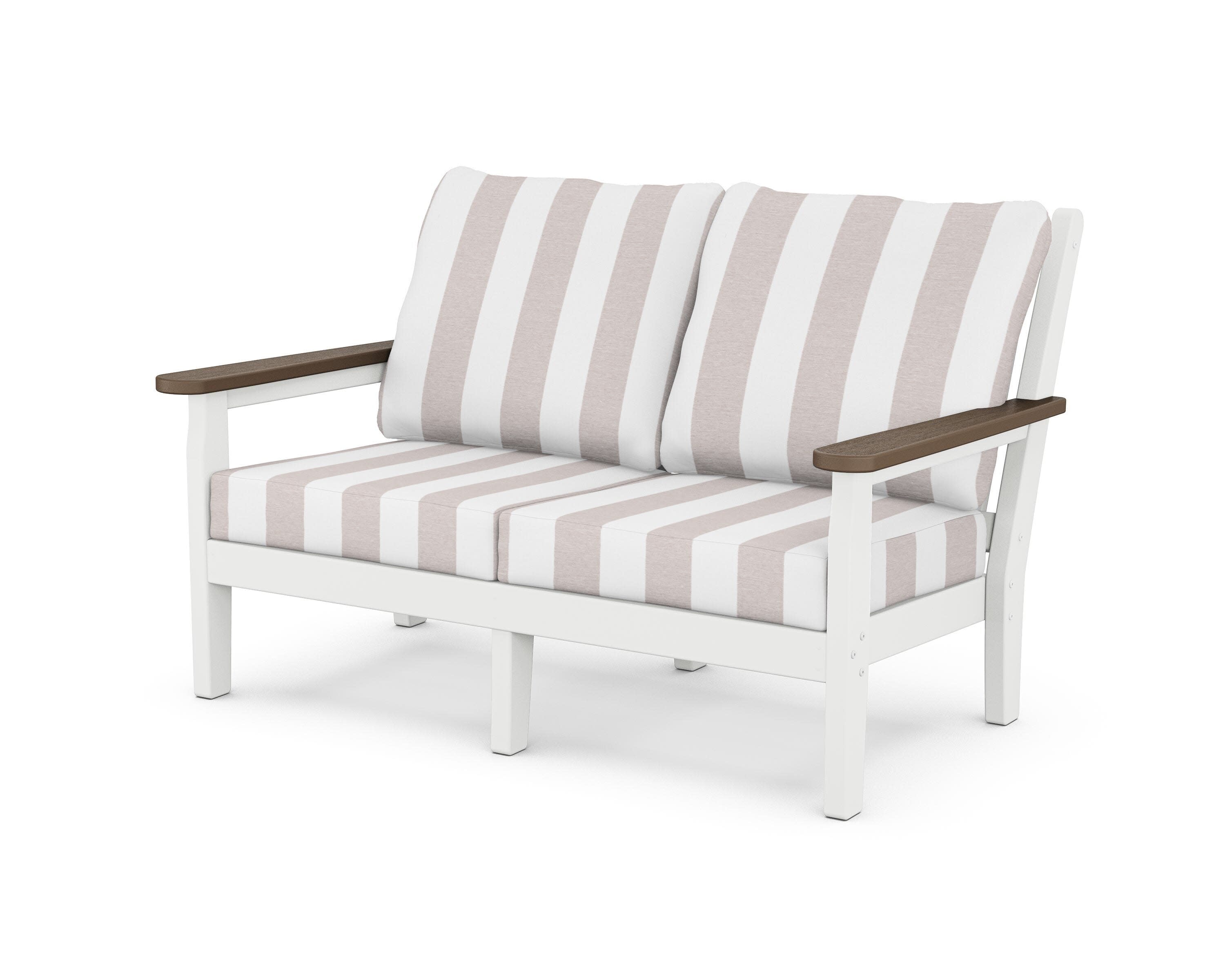 Chippendale Deep Seating Loveseat in White / Kona / Cabana Stripe Dune Burlap