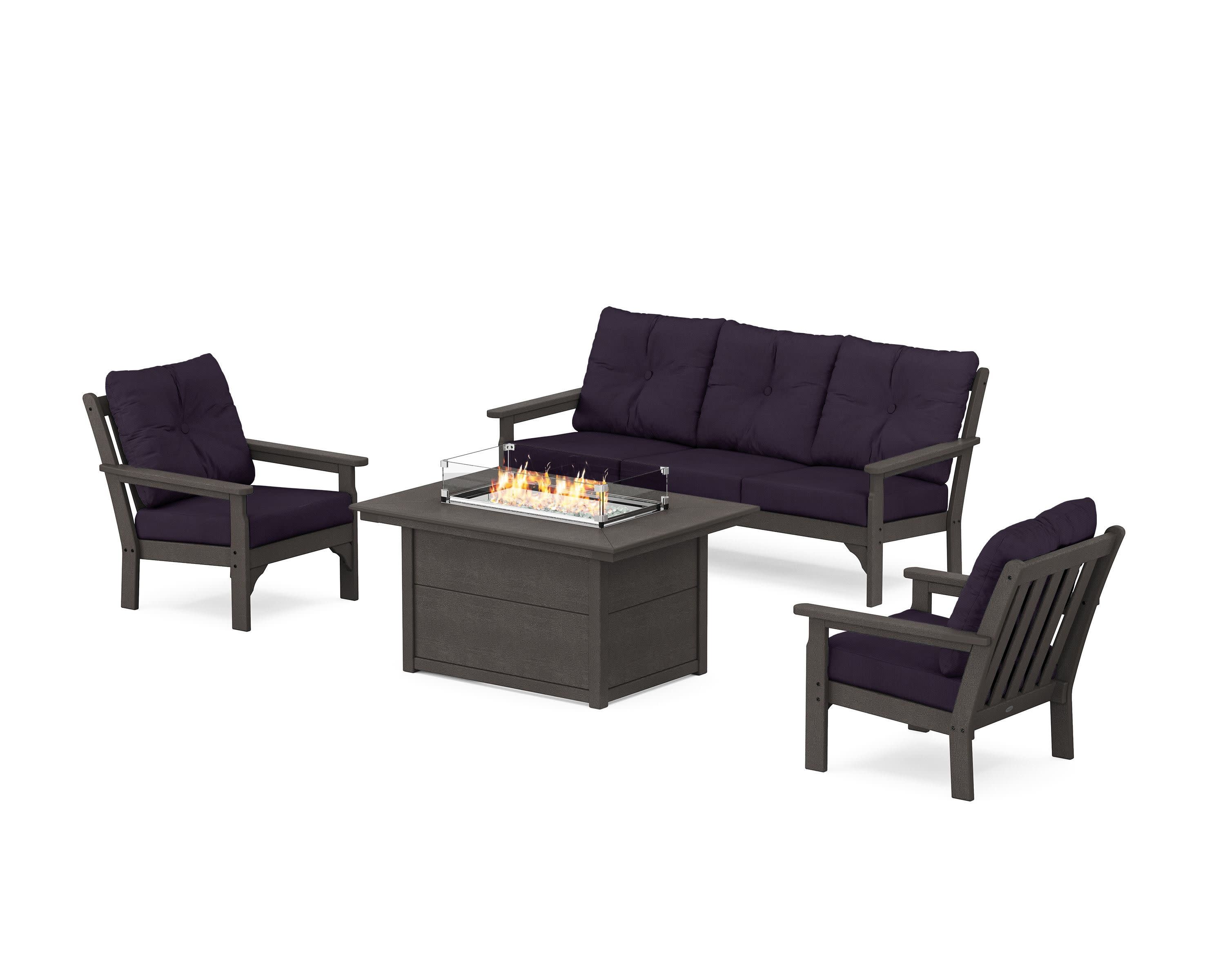 Vineyard Deep Seating Fire Pit Table Set in Vintage Coffee / Navy Linen