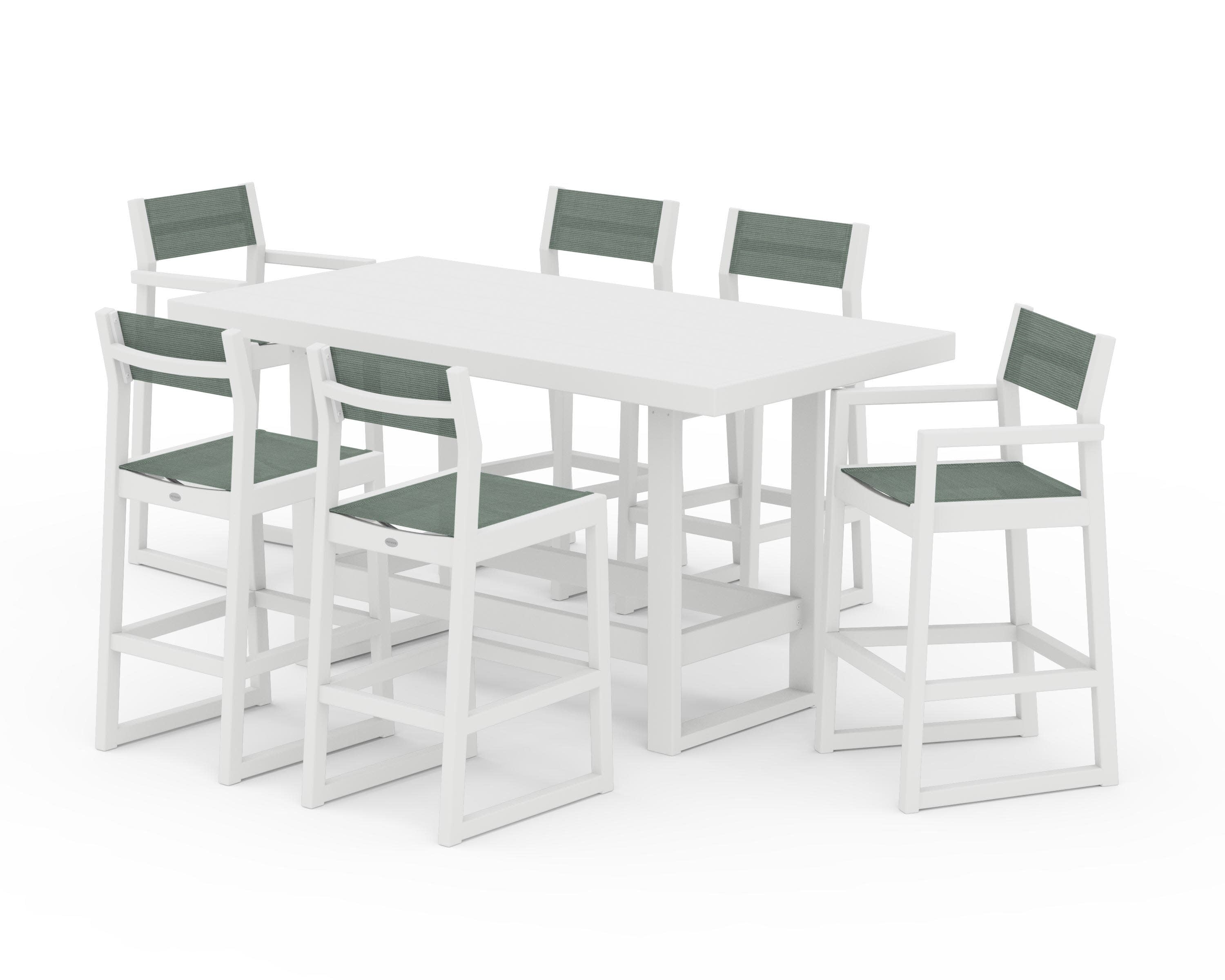 EDGE Sling 7-Piece Bar Table Set in White / Dupioni Sea Mist Sling