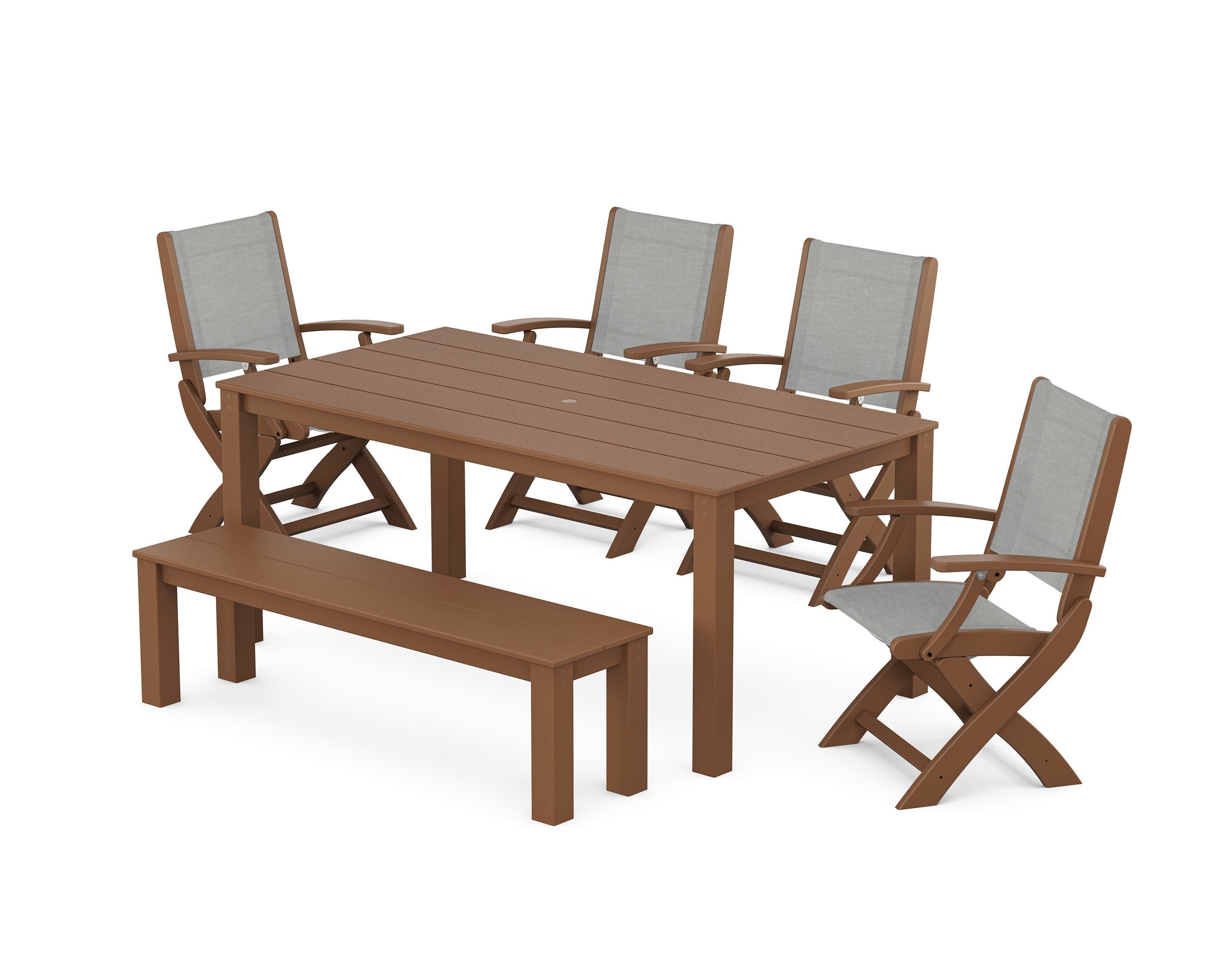 Coastal Folding Chair 6-Piece Parsons Dining Set with Bench in Teak / Metallic Sling