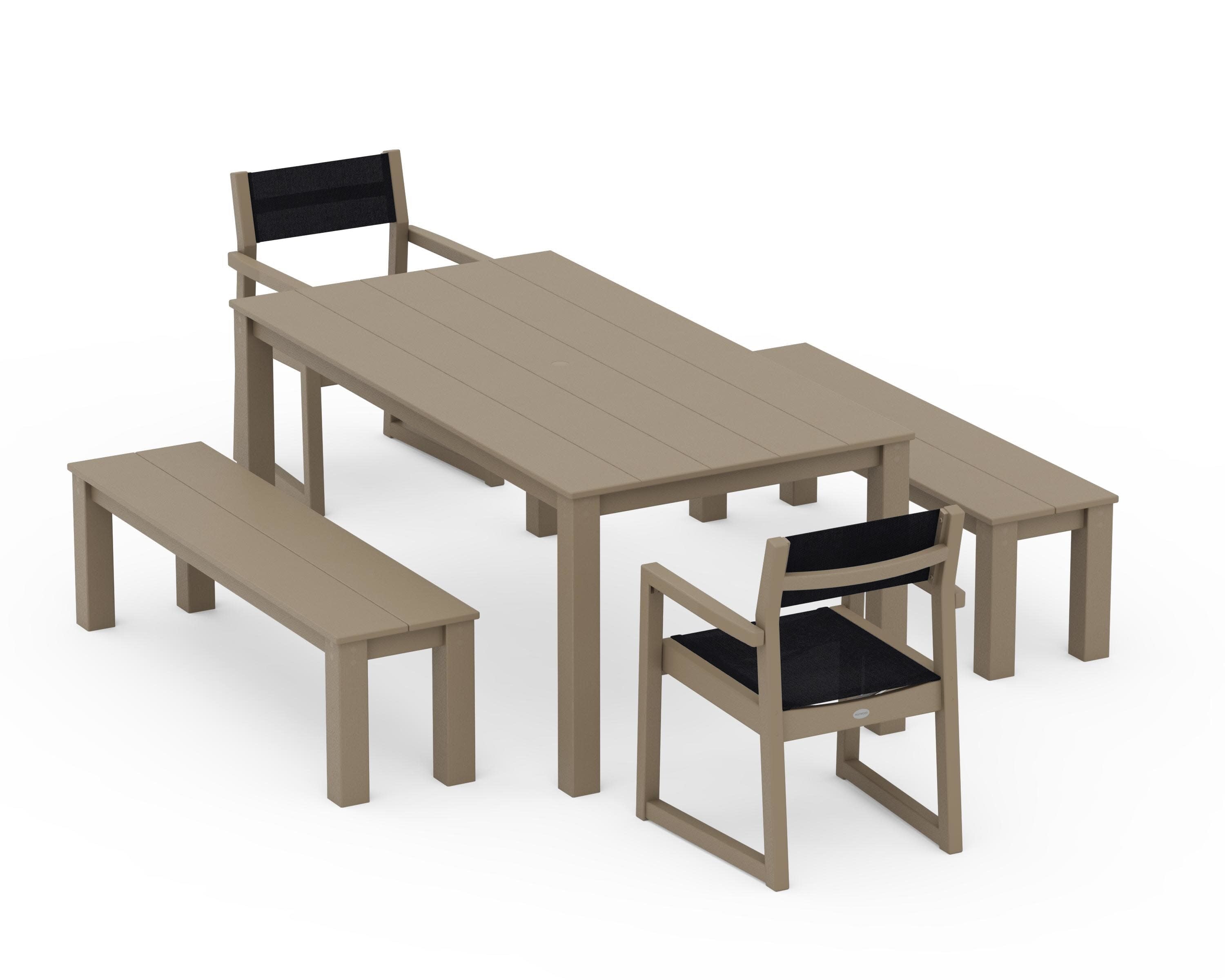 EDGE Sling Arm Chair 5-Piece Parsons Dining Set with Benches in Vintage Sahara / Black Sling