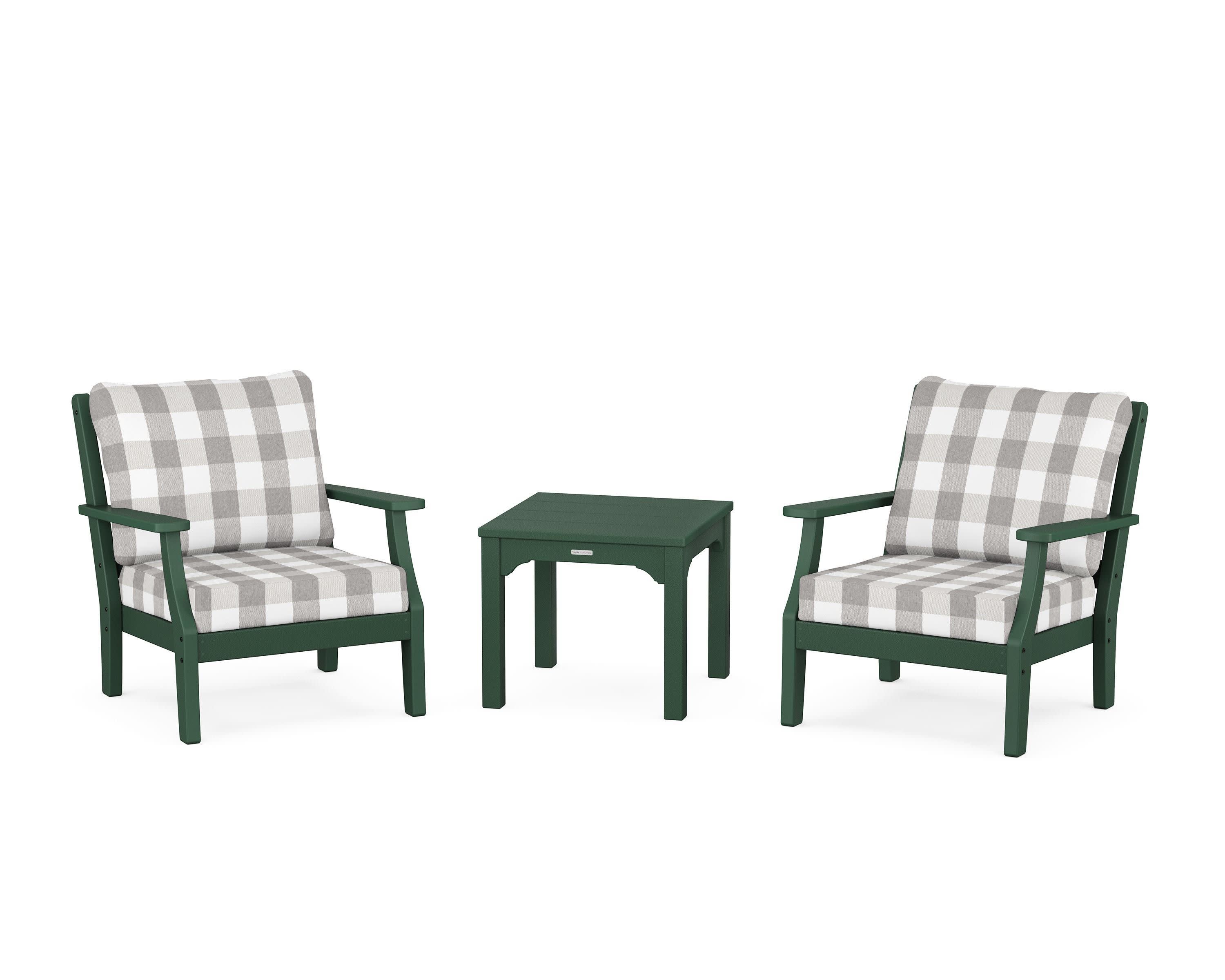 Chinoiserie 3-Piece Deep Seating Set in Green / Buffalo Plaid Grey Mist
