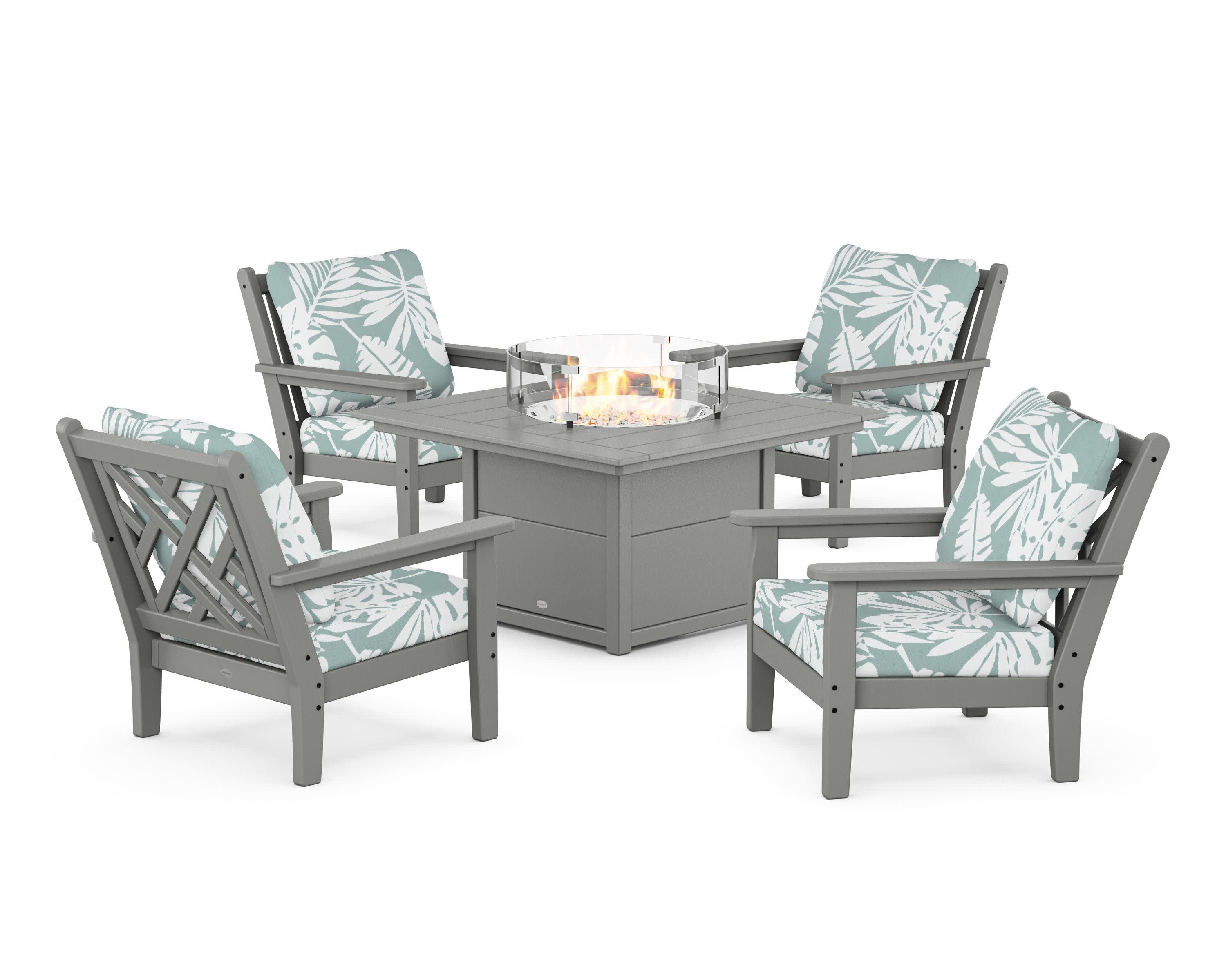 Chippendale 5-Piece Deep Seating Set with Fire Pit Table in Slate Grey / Leaf Glacier Spa