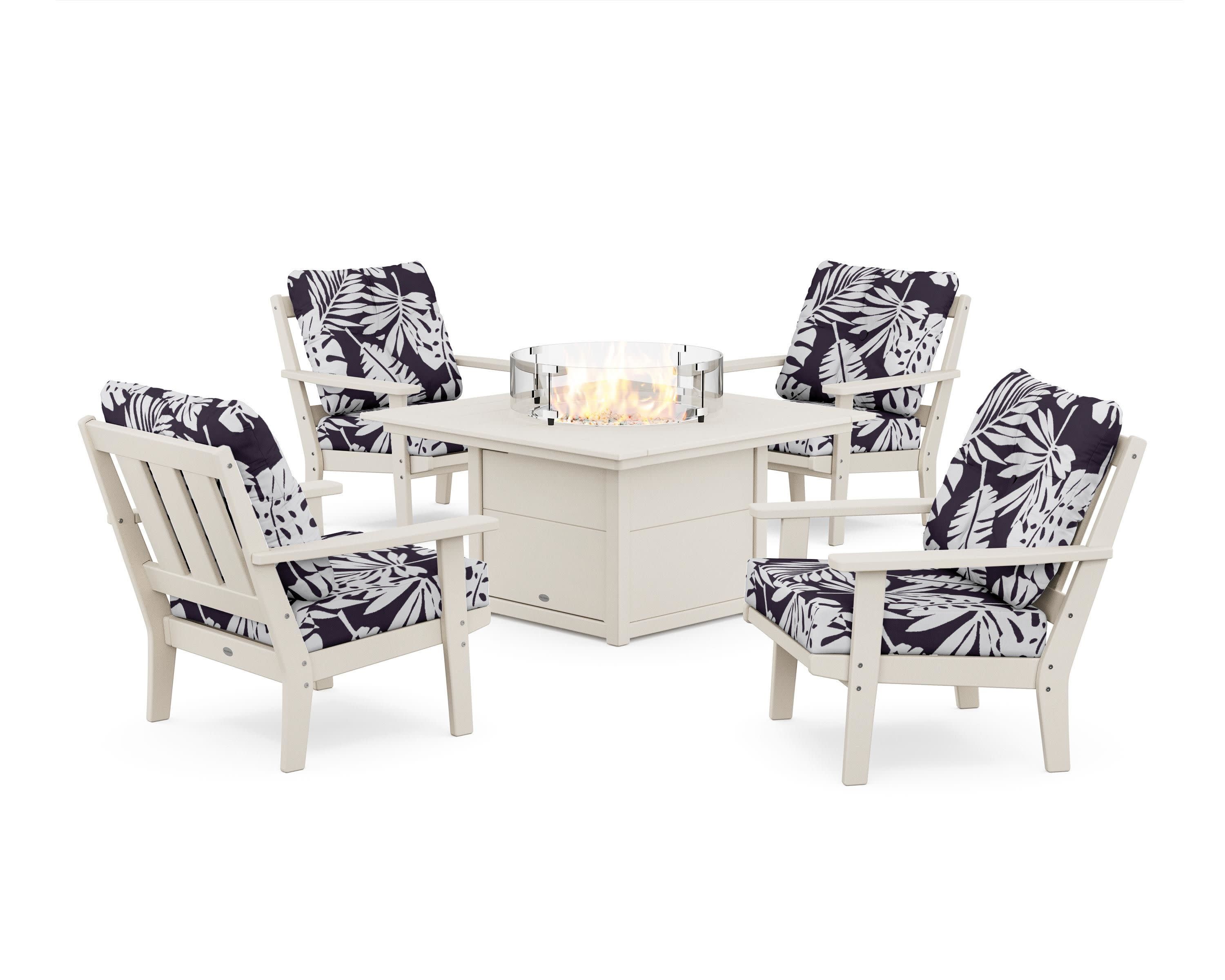 Oxford 5-Piece Deep Seating Set with Fire Pit Table in Sand / Leaf Navy