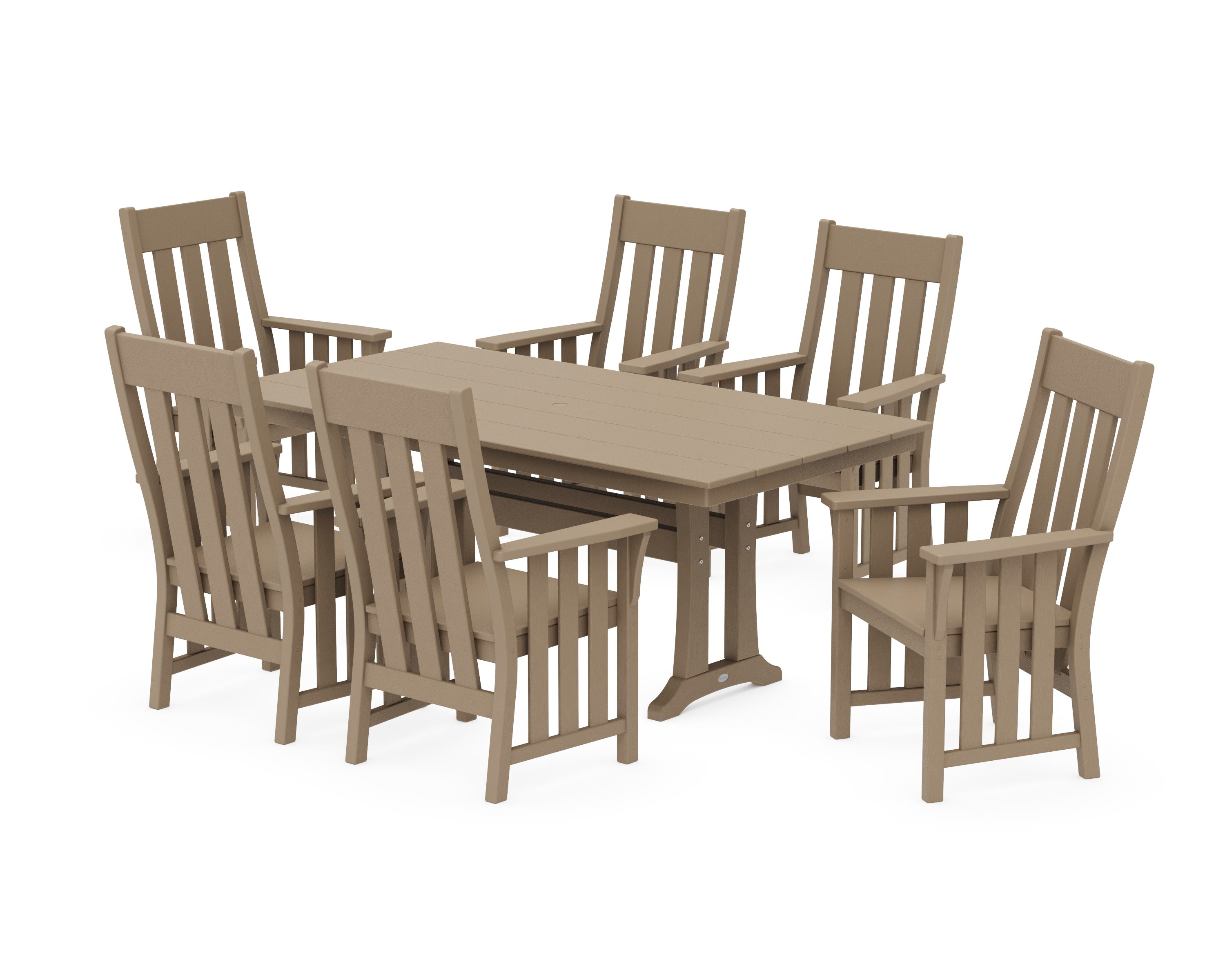 Acadia Arm Chair 7-Piece Farmhouse Dining Set with Trestle Legs in Vintage Sahara