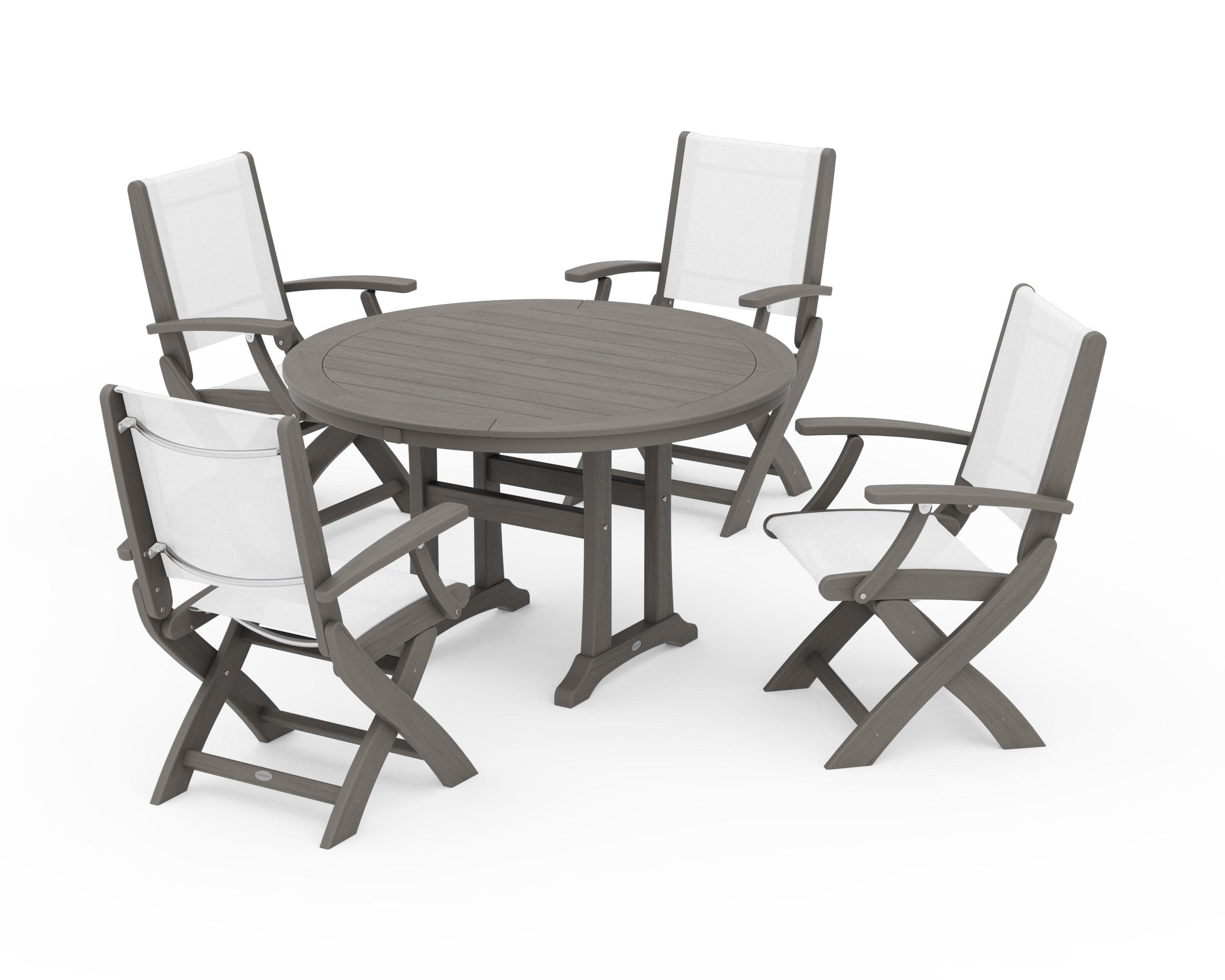 Coastal Folding Chair 5-Piece Round Dining Set with Trestle Legs in Driftwood / White Sling