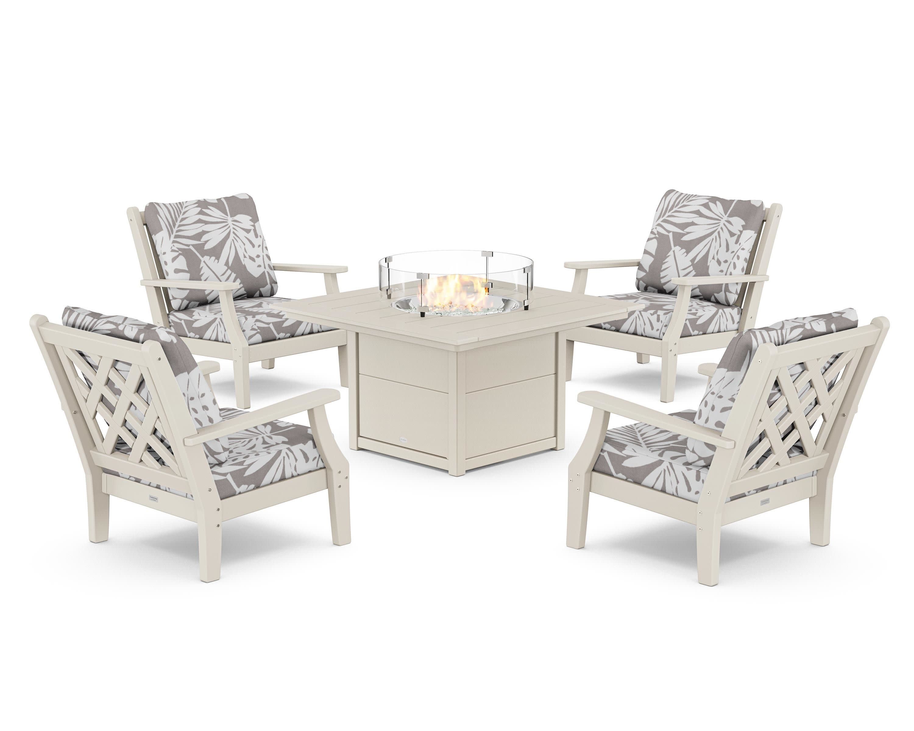 Wovendale 5-Piece Deep Seating Set with Fire Pit Table in Sand / Leaf Grey Mist