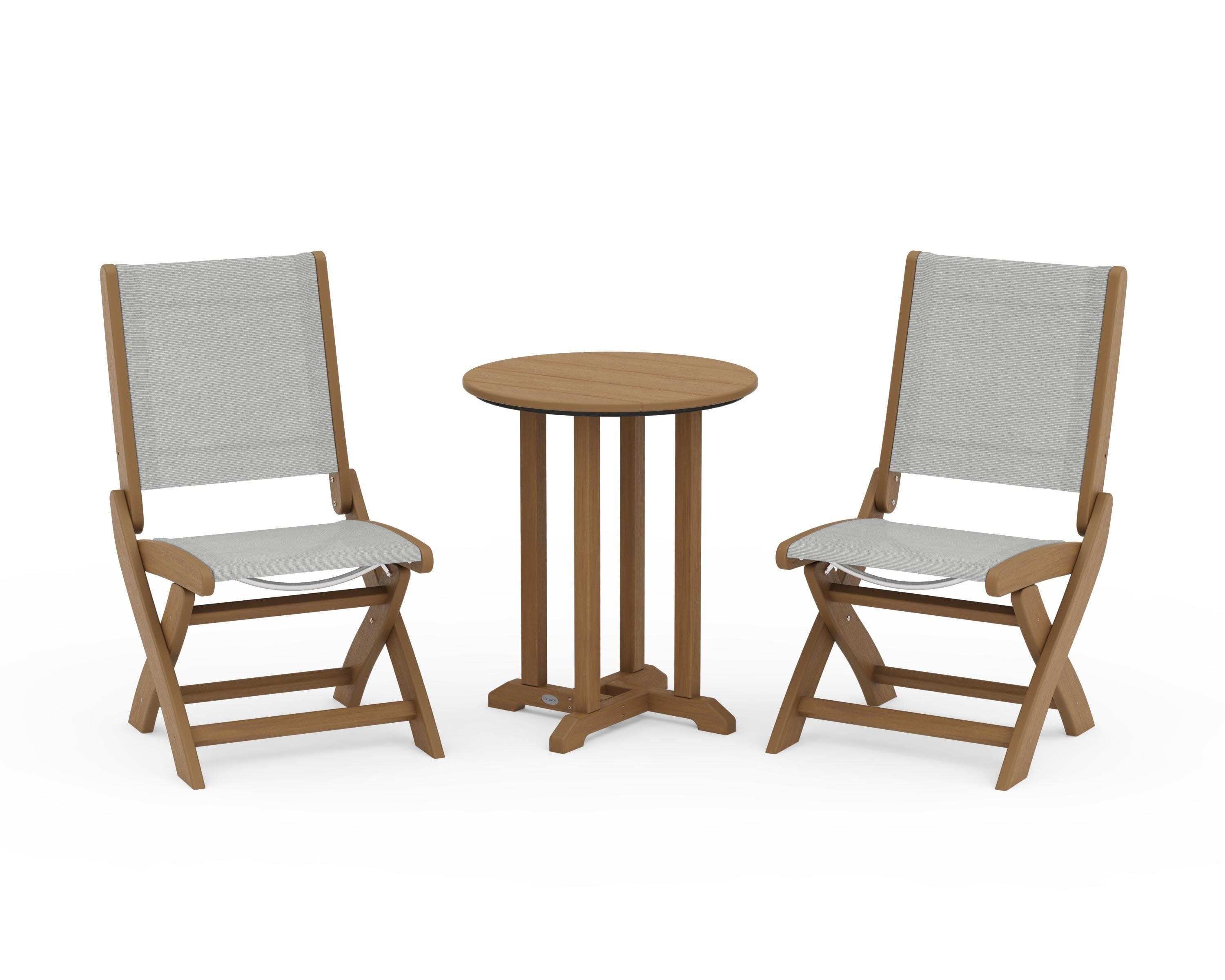 Coastal Folding Side Chair 3-Piece Round Bistro Dining Set in Natural / Metallic Sling